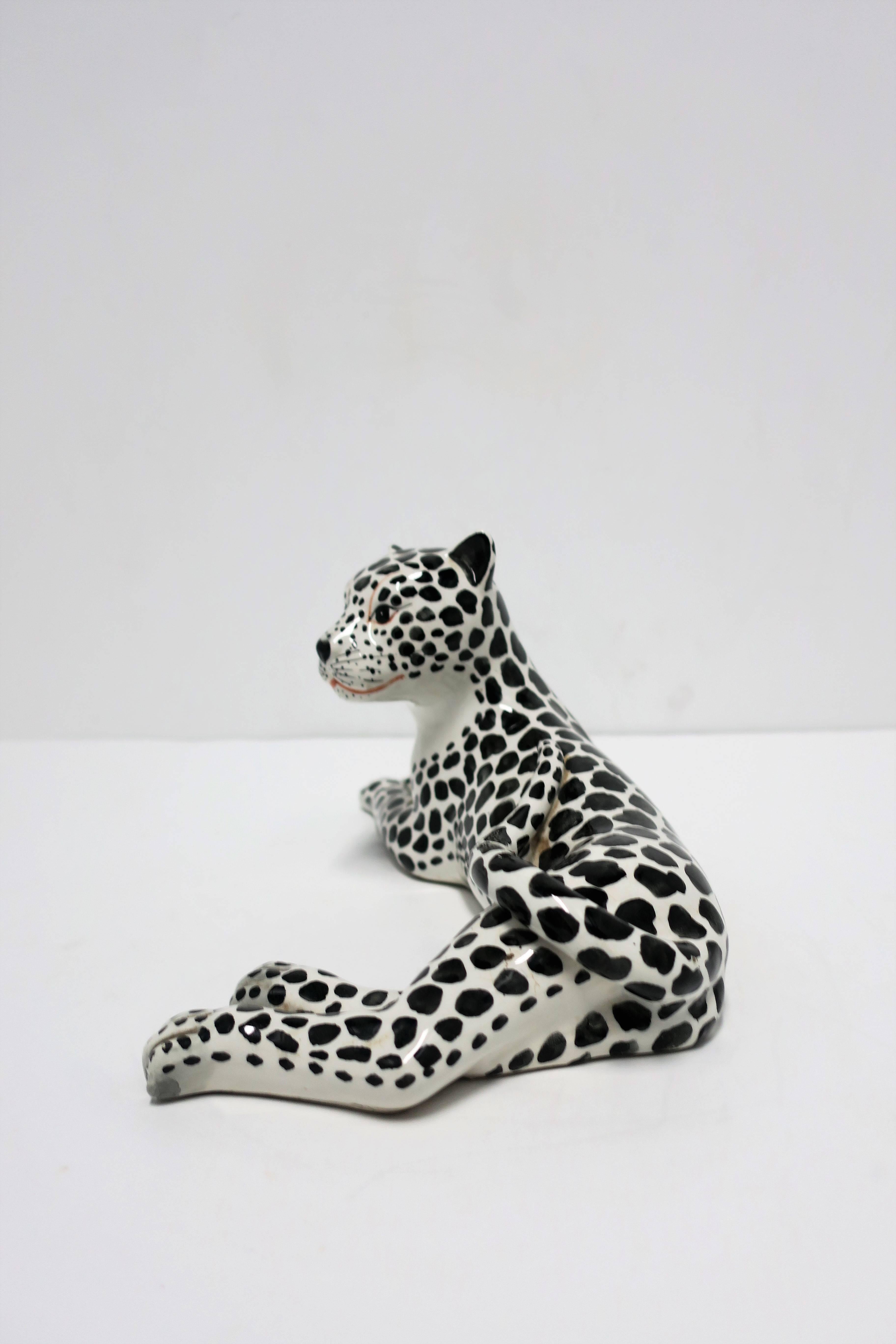 Glazed Italian Black and White Cheetah or Leopard Cat Sculpture