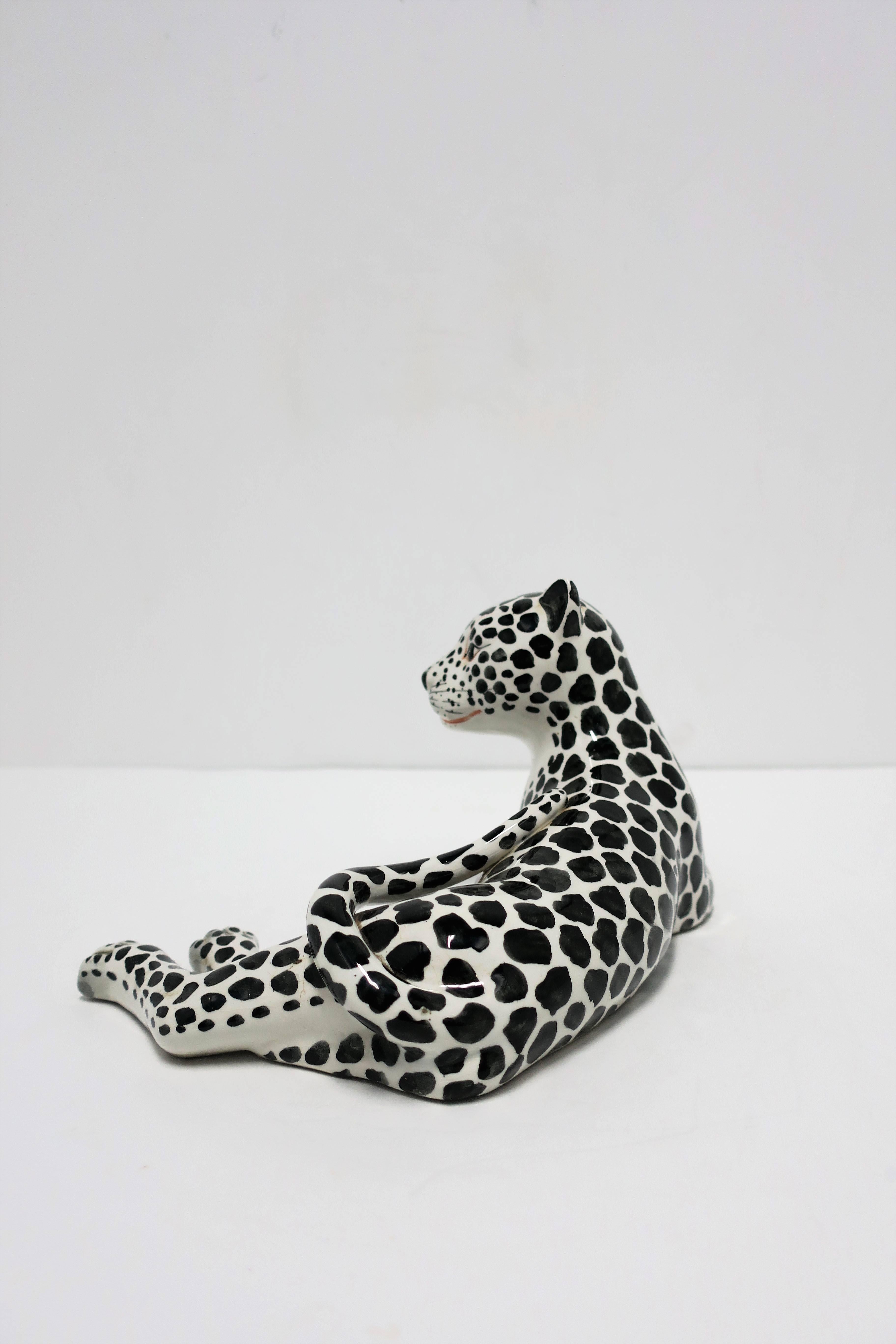 Italian Black and White Cheetah or Leopard Cat Sculpture In Excellent Condition In New York, NY