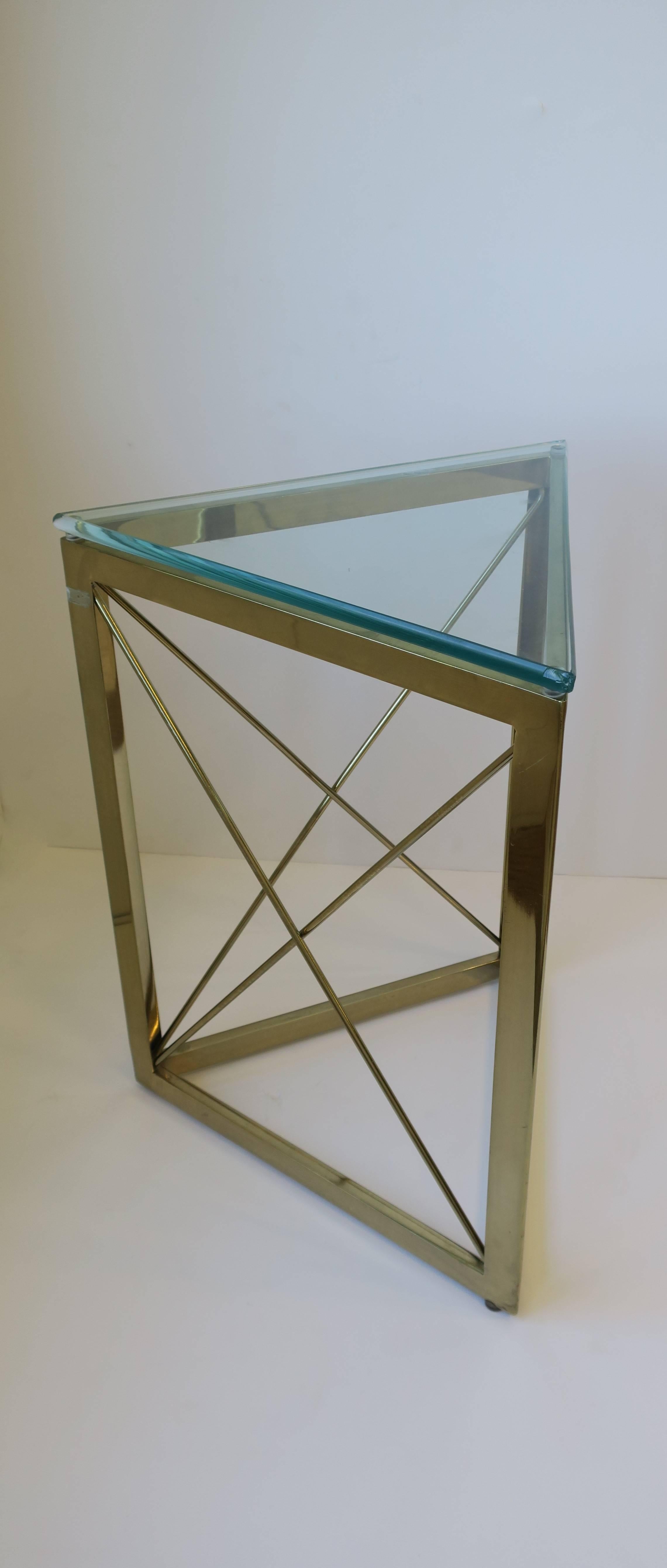 Plated Modern Triangle Brass and Glass Side or Drinks Table