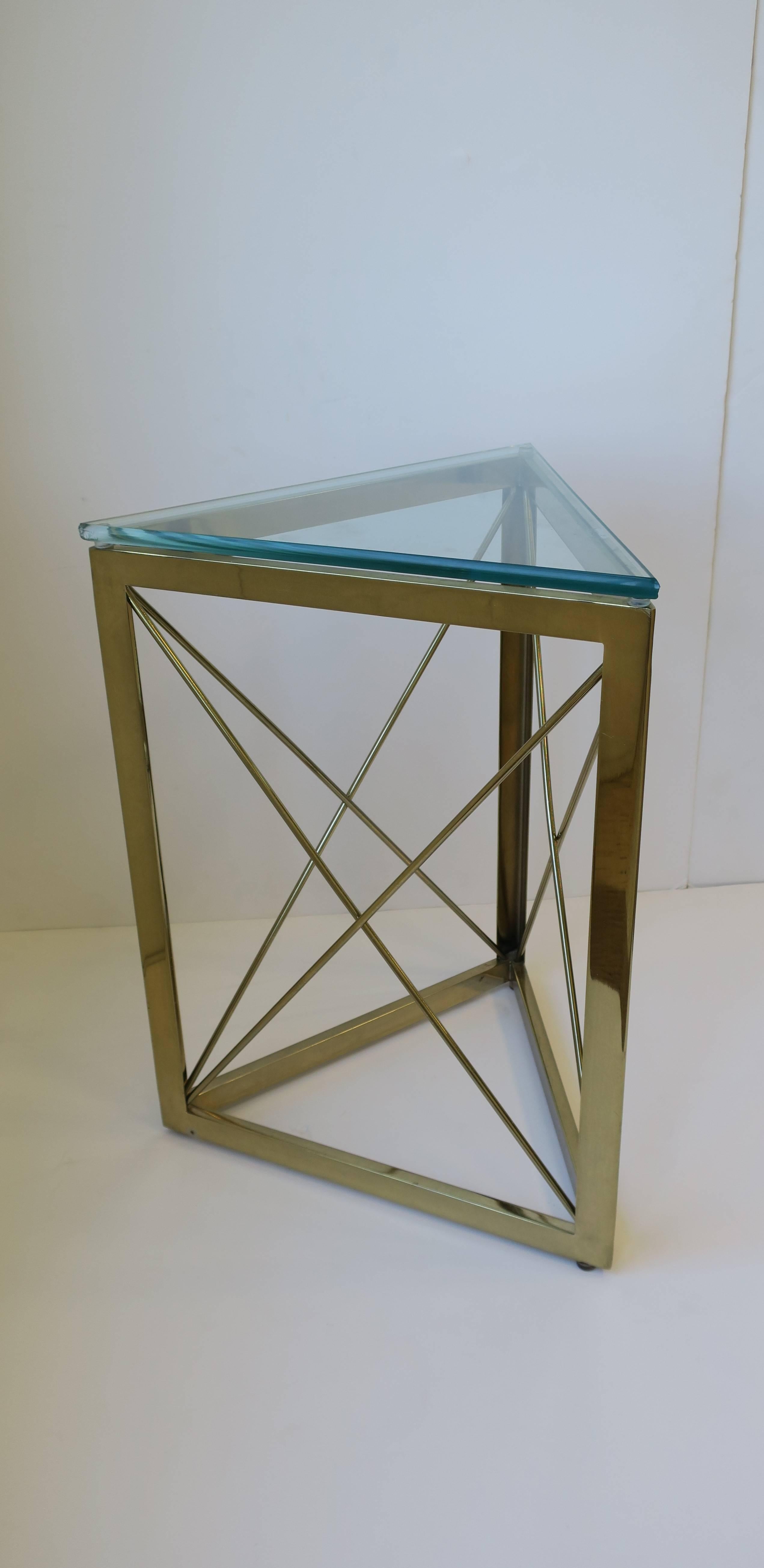 Metal Modern Triangle Brass and Glass Side or Drinks Table