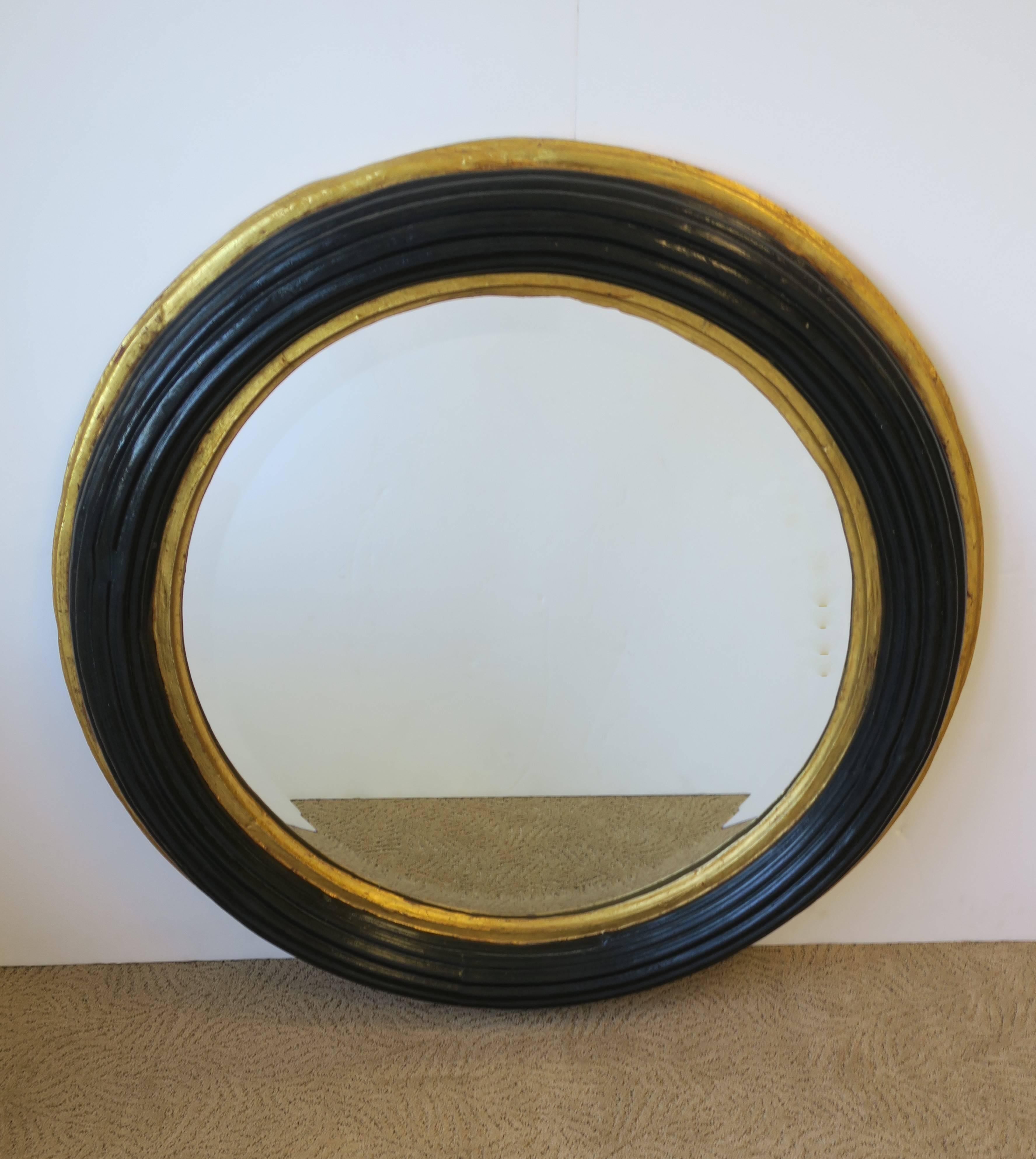 Federal Midcentury Round Black and Gold Beveled Wall Mirror