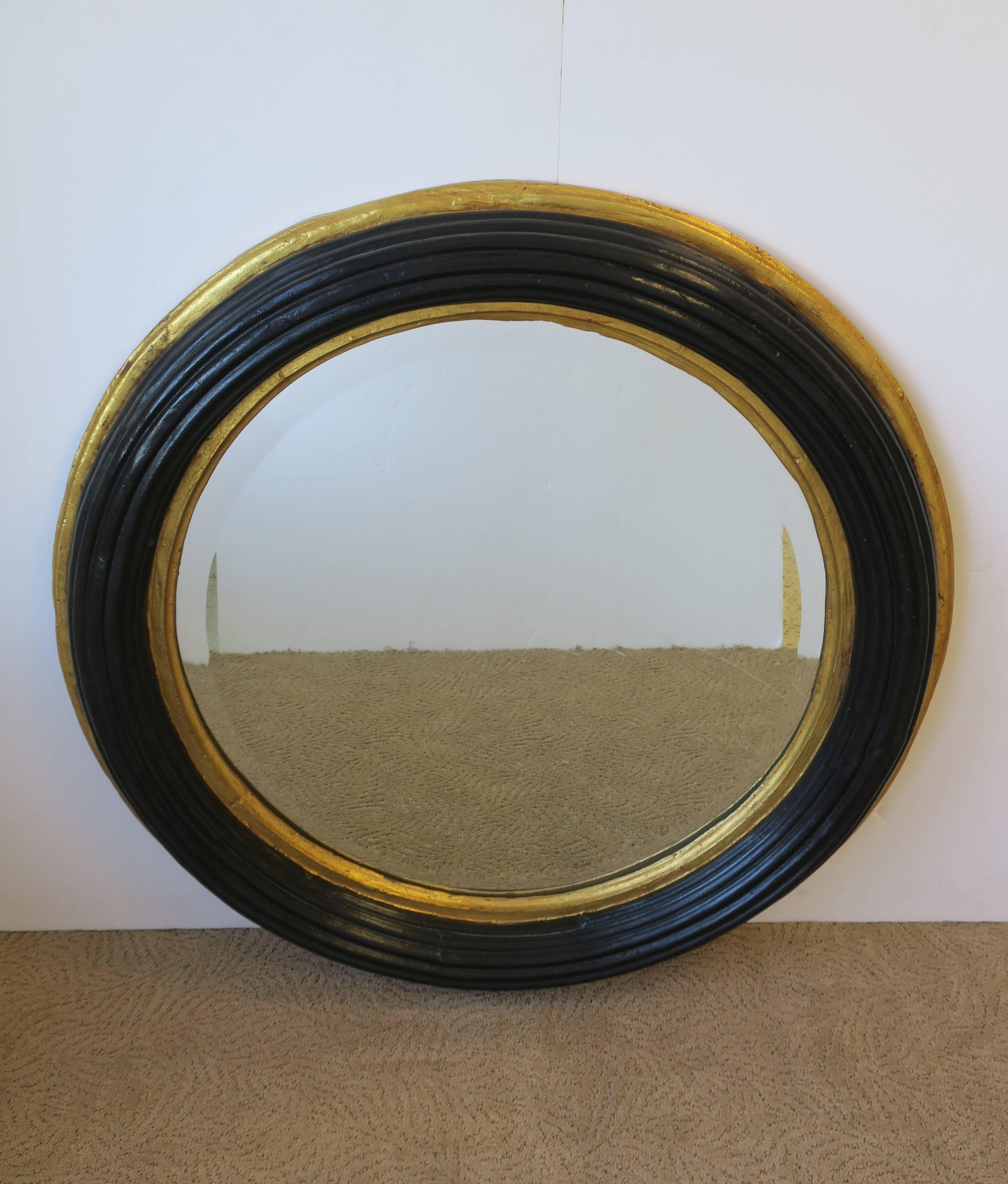 Midcentury Round Black and Gold Beveled Wall Mirror In Good Condition In New York, NY