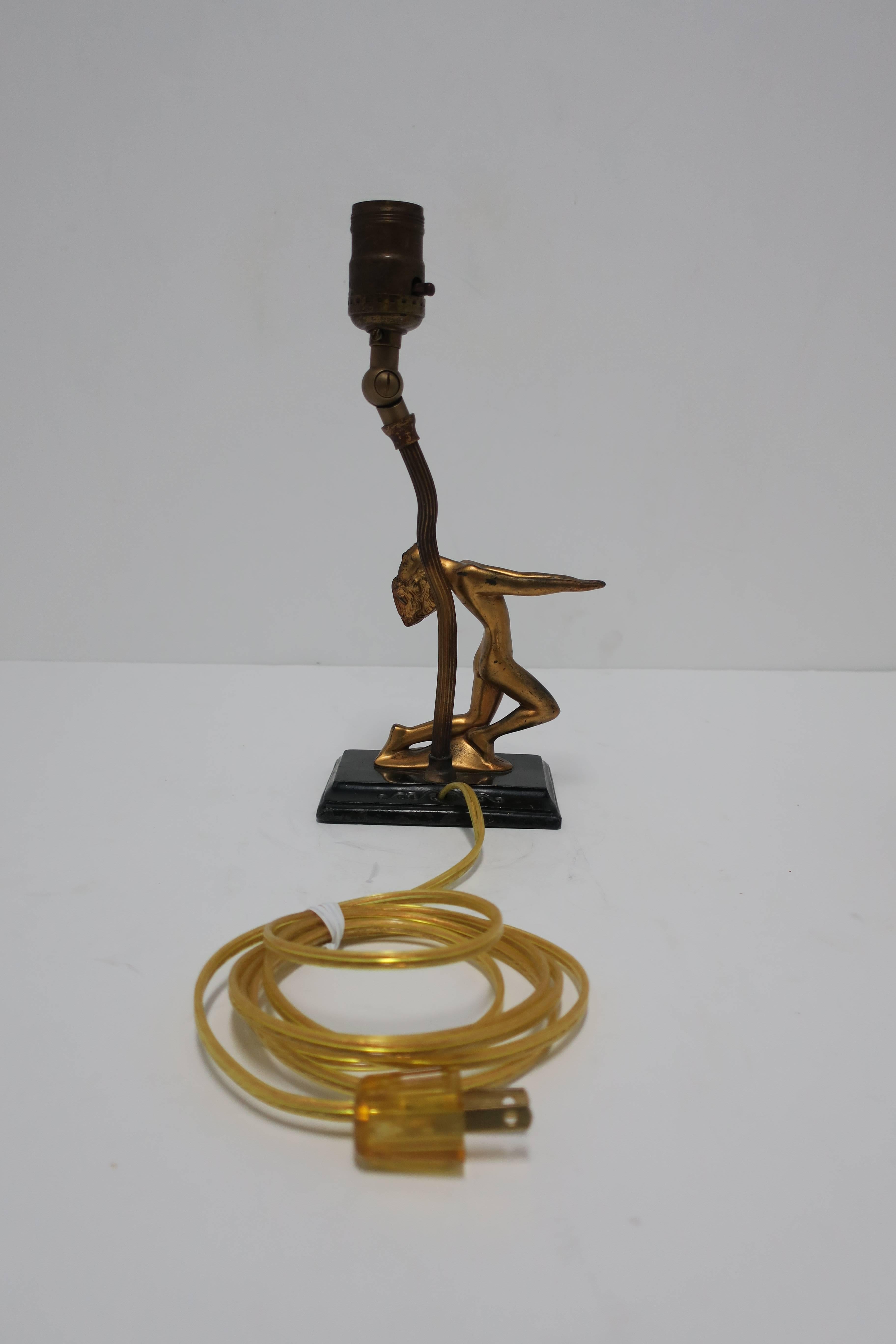 Metal Art Deco Black and Gold Female Sculpture Desk or Table Lamp After Frankart