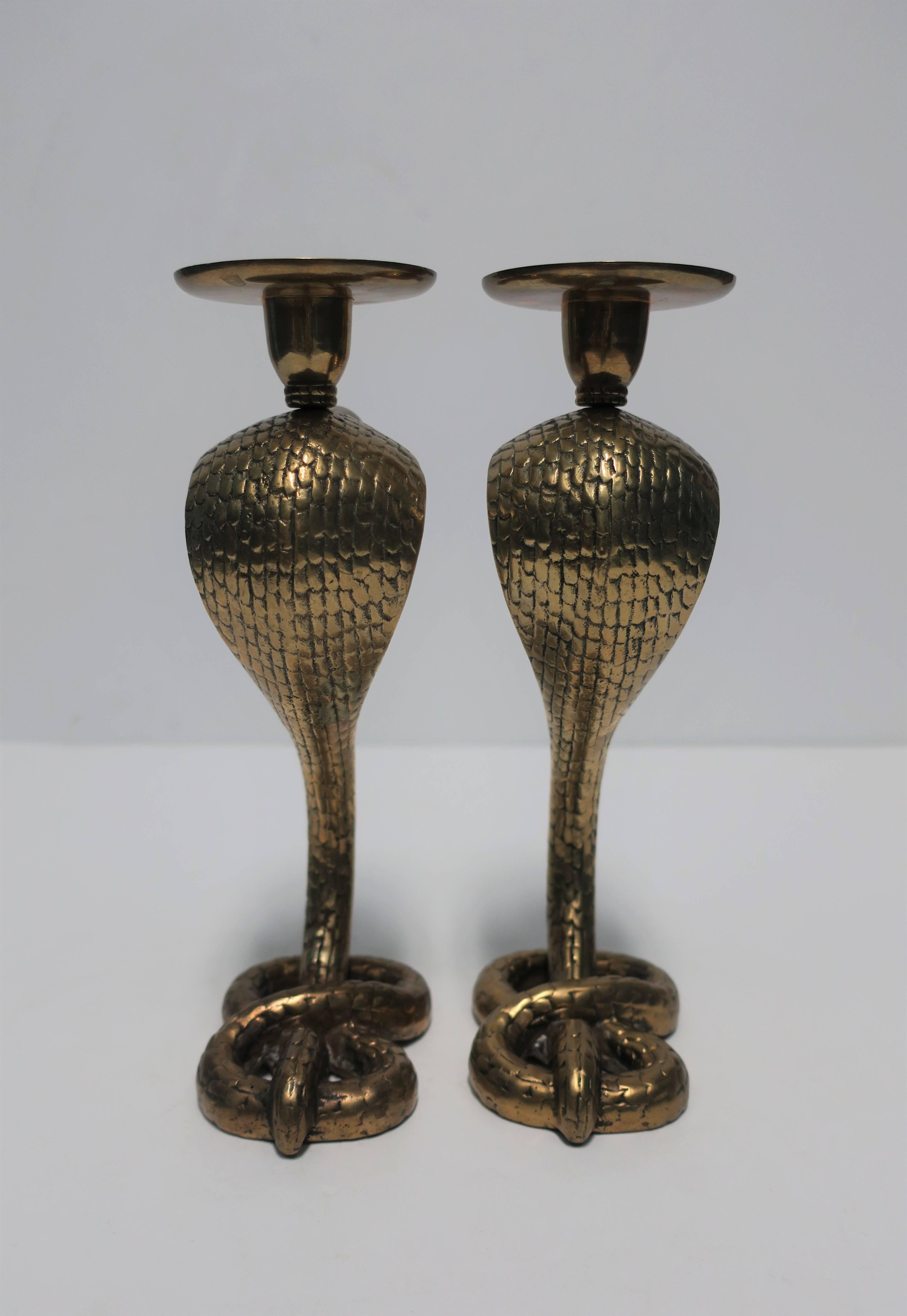 Pair of Solid Brass Cobra Snake Sculpture Candlestick Holders In Good Condition In New York, NY