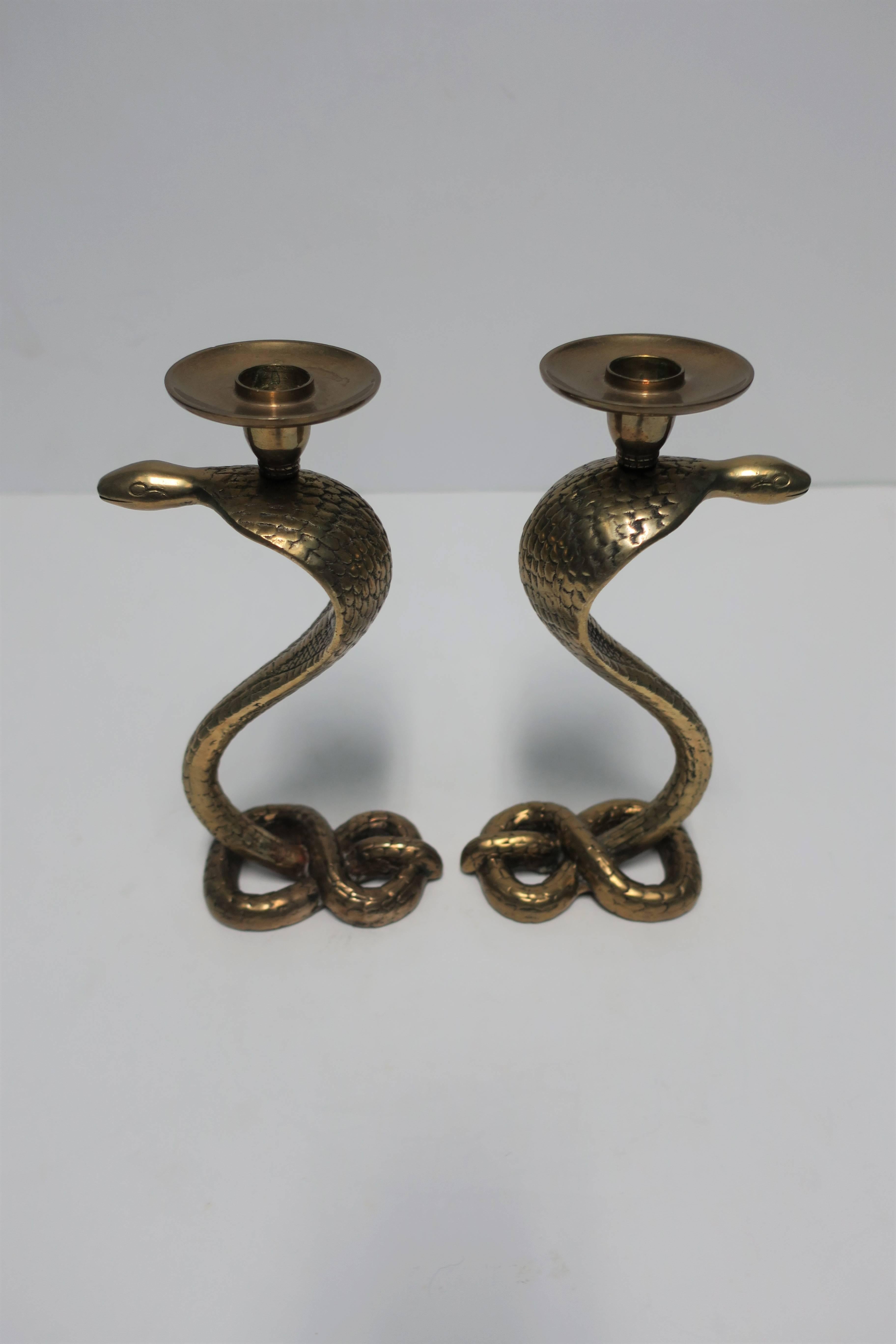 Hollywood Regency Pair of Solid Brass Cobra Snake Sculpture Candlestick Holders