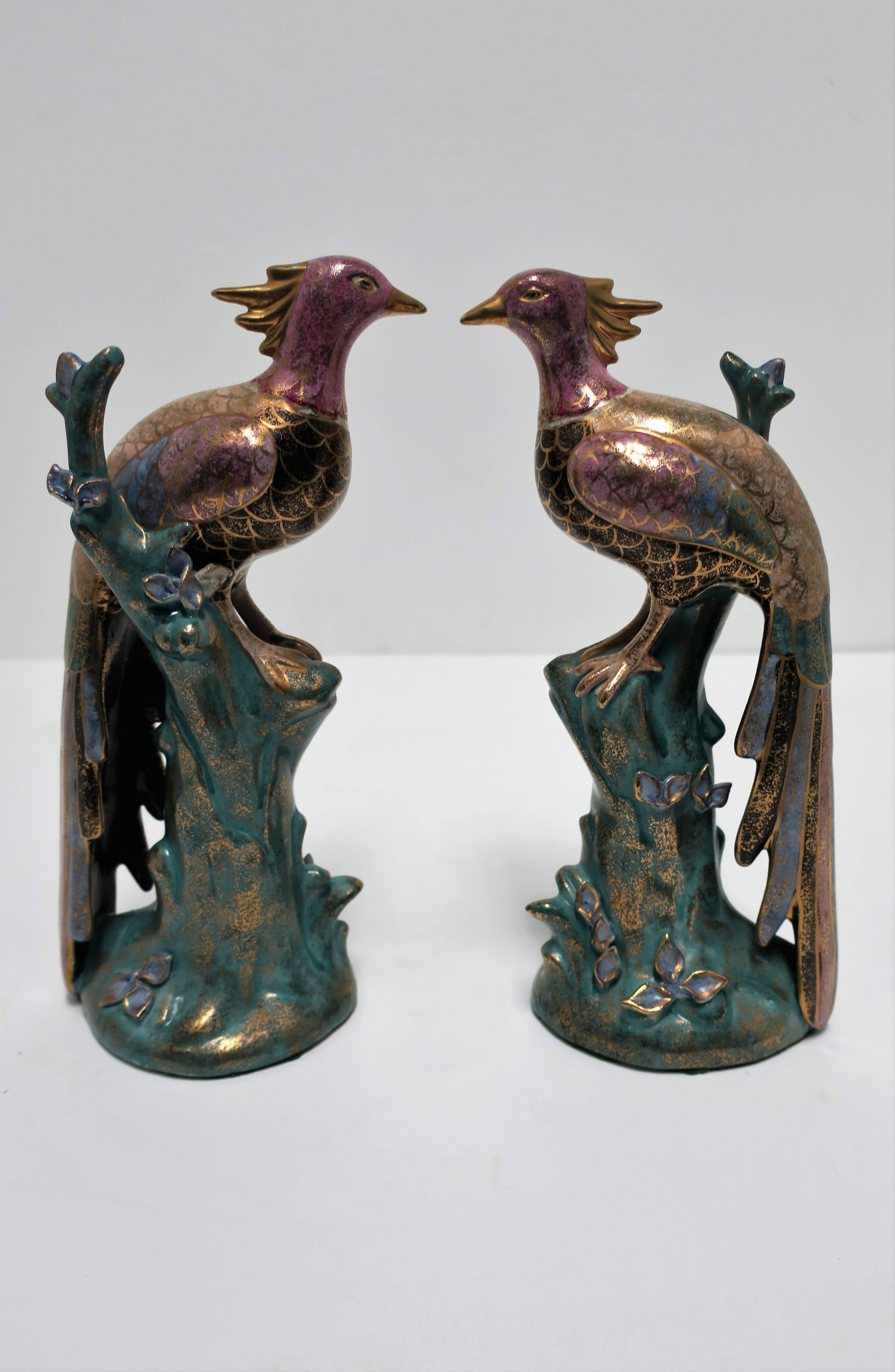 Ceramic Black and Gold Peacock or Phoenix Birds