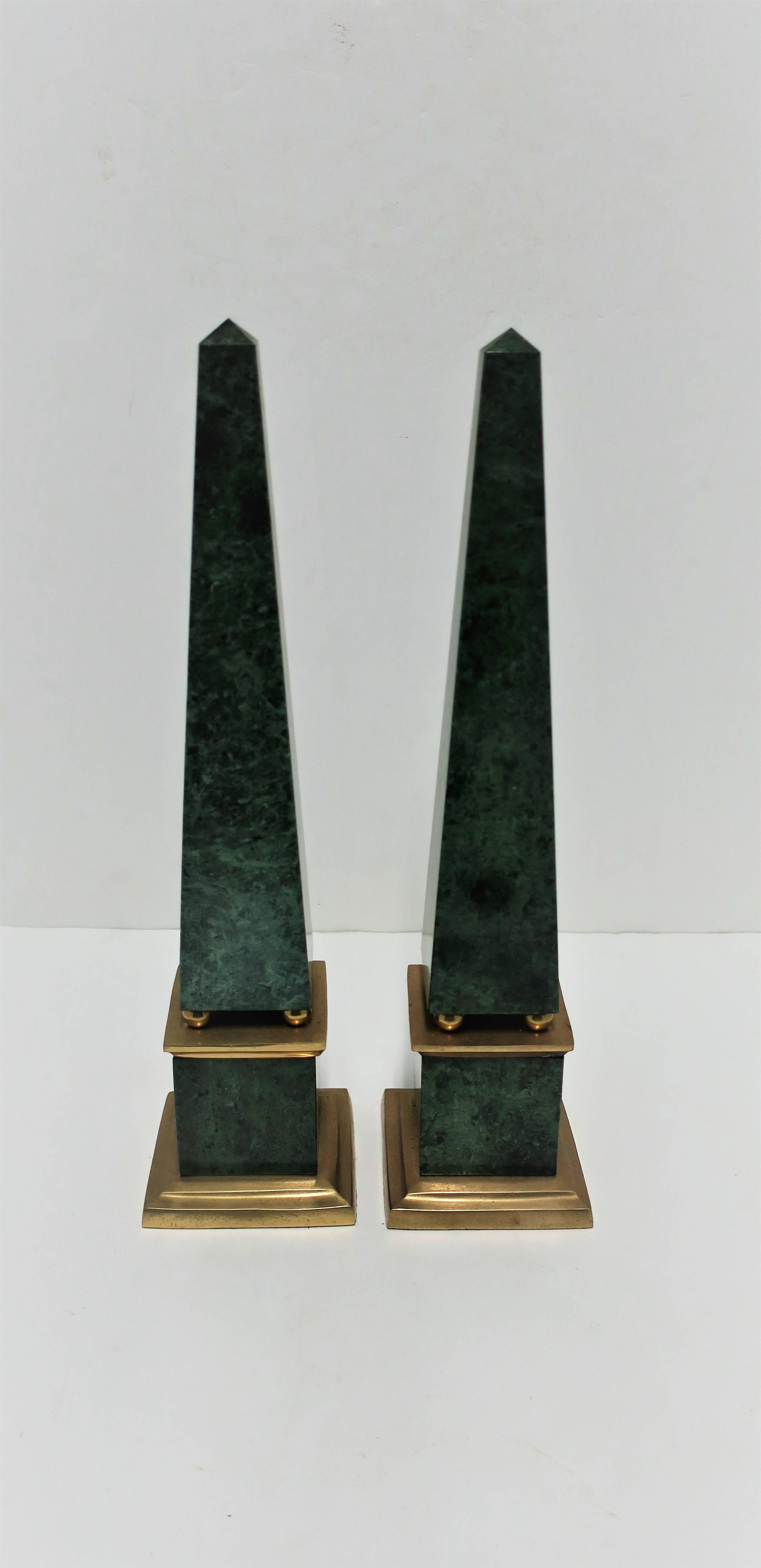 Pair Vintage Modern Green Marble and Brass Obelisks, 1990s 1