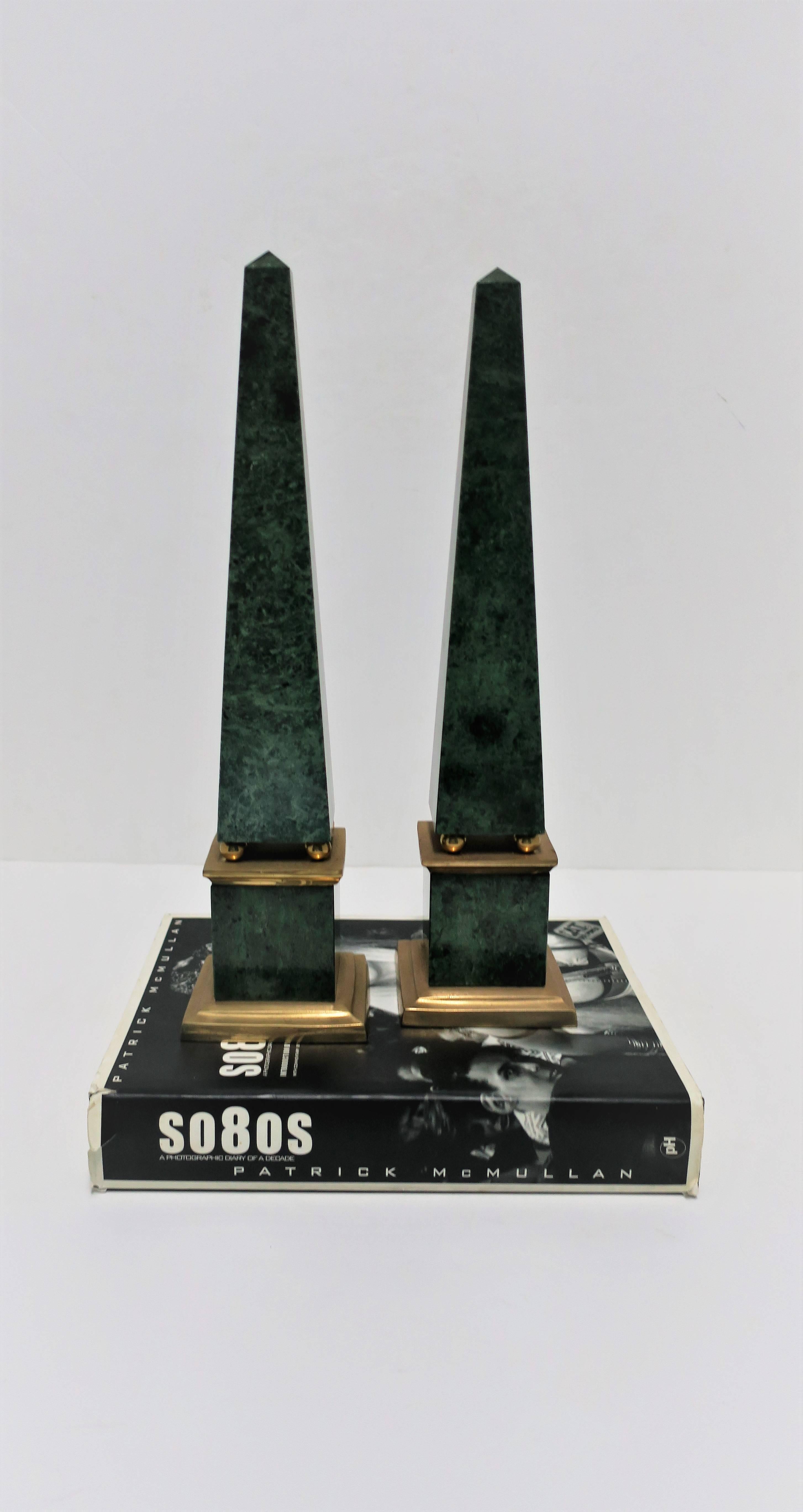 20th Century Pair Vintage Modern Green Marble and Brass Obelisks, 1990s
