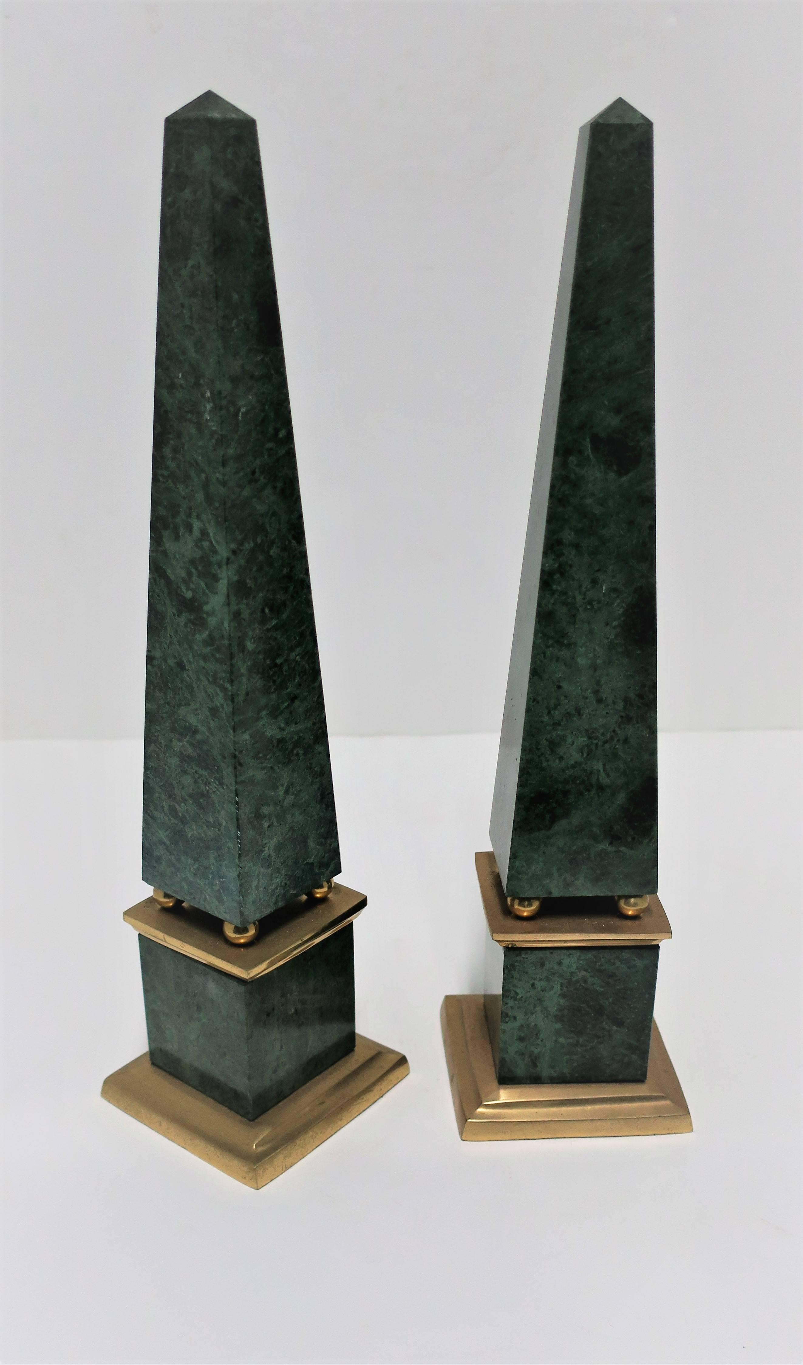 Post-Modern Pair Vintage Modern Green Marble and Brass Obelisks, 1990s