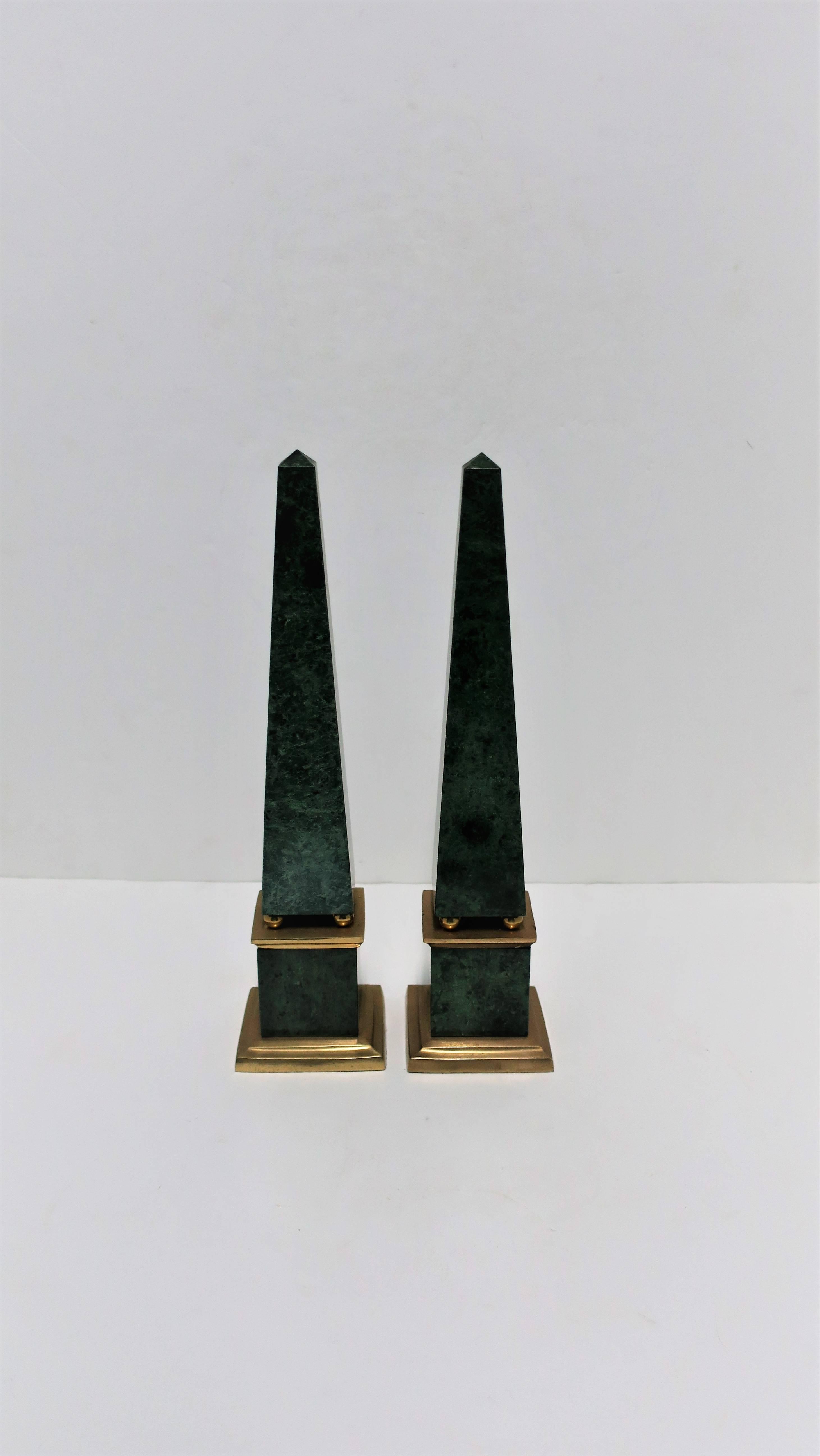 Pair Vintage Modern Green Marble and Brass Obelisks, 1990s 2