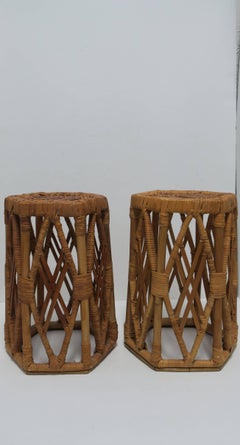 Pair of Vintage Hexagon Rattan Wicker Side Tables