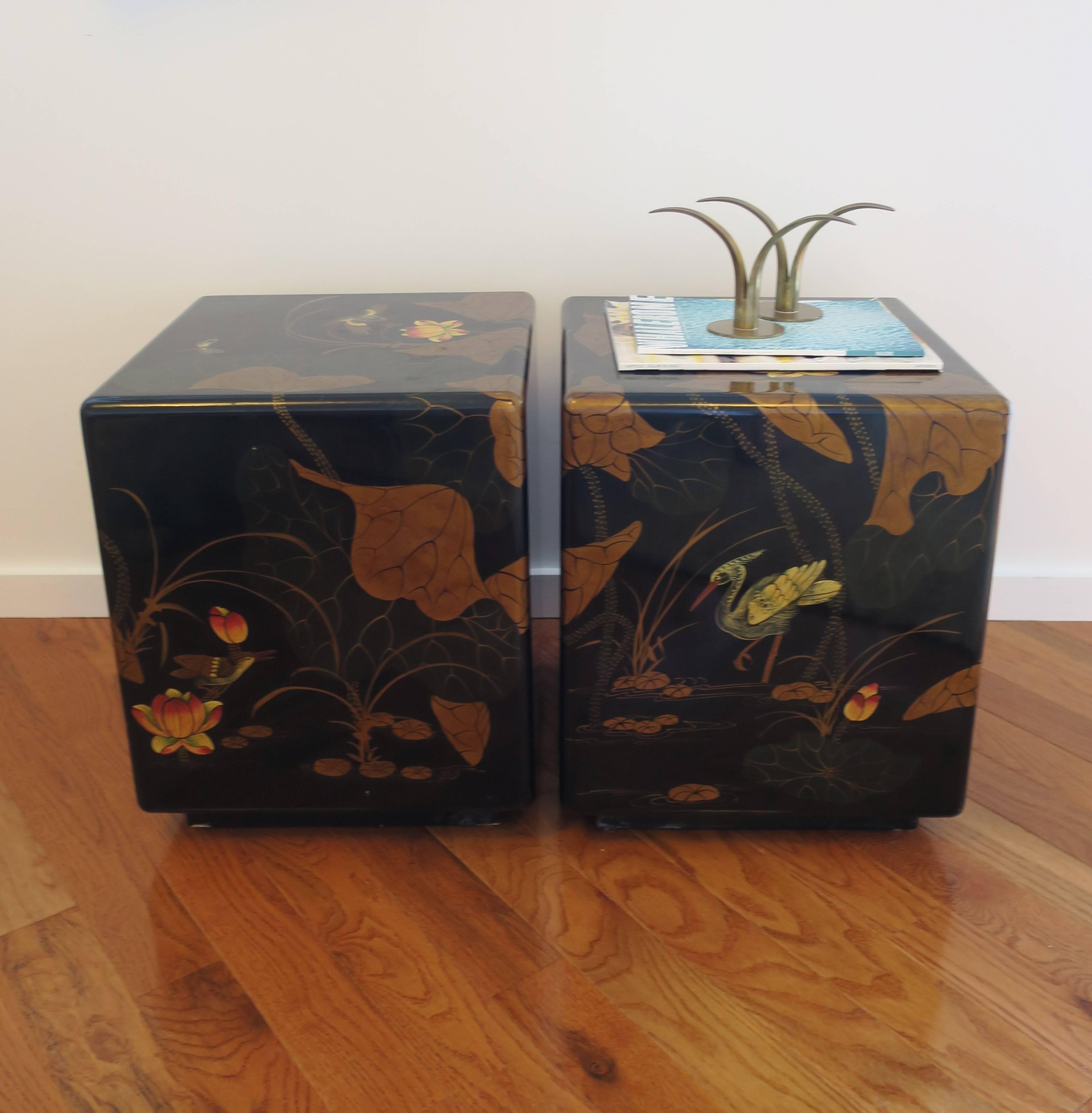 Lacquer Pair Black and Gold Side or End Tables