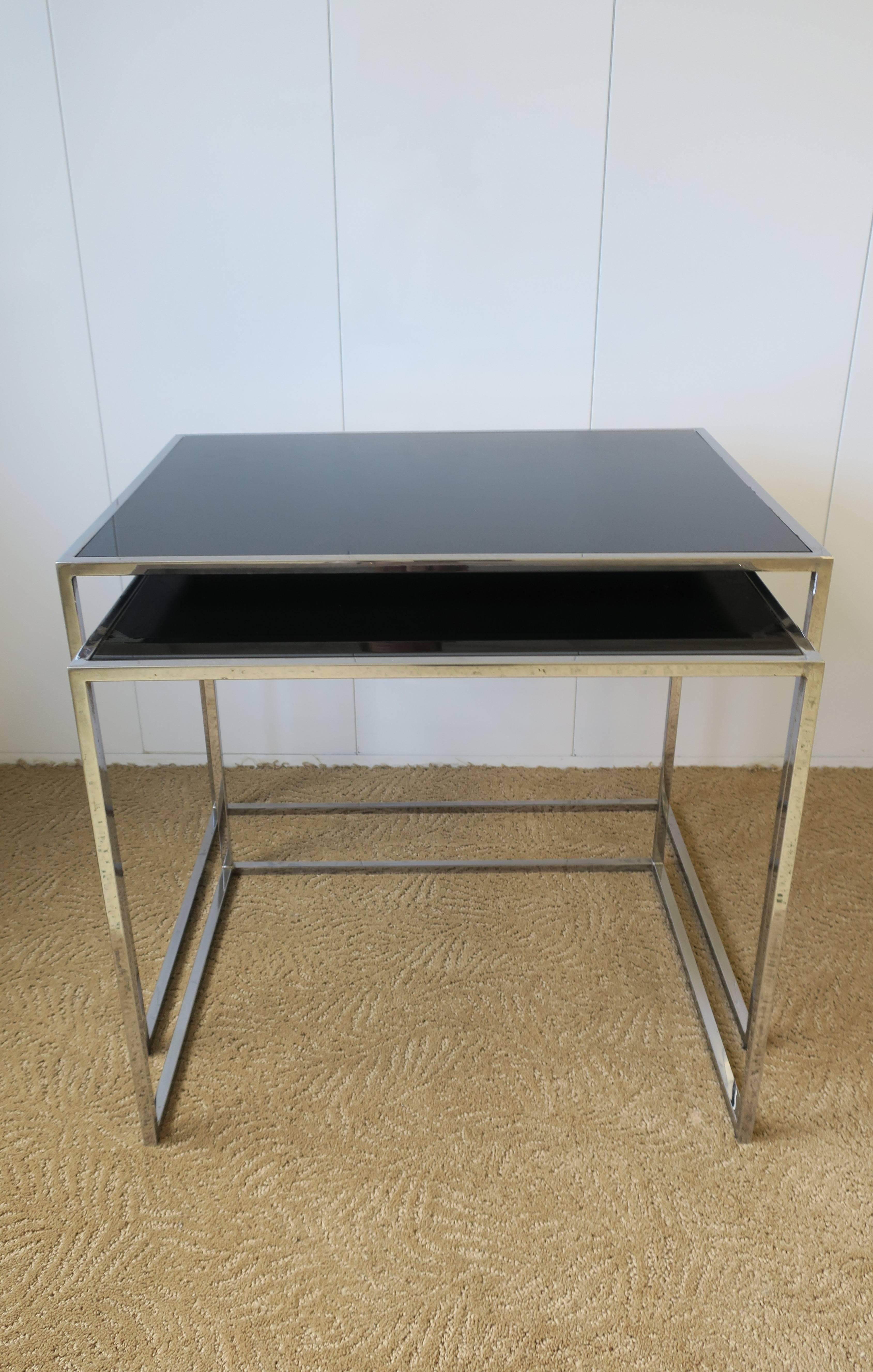 Late 20th Century Minimalist Chrome and Black Glass Nesting or End Tables