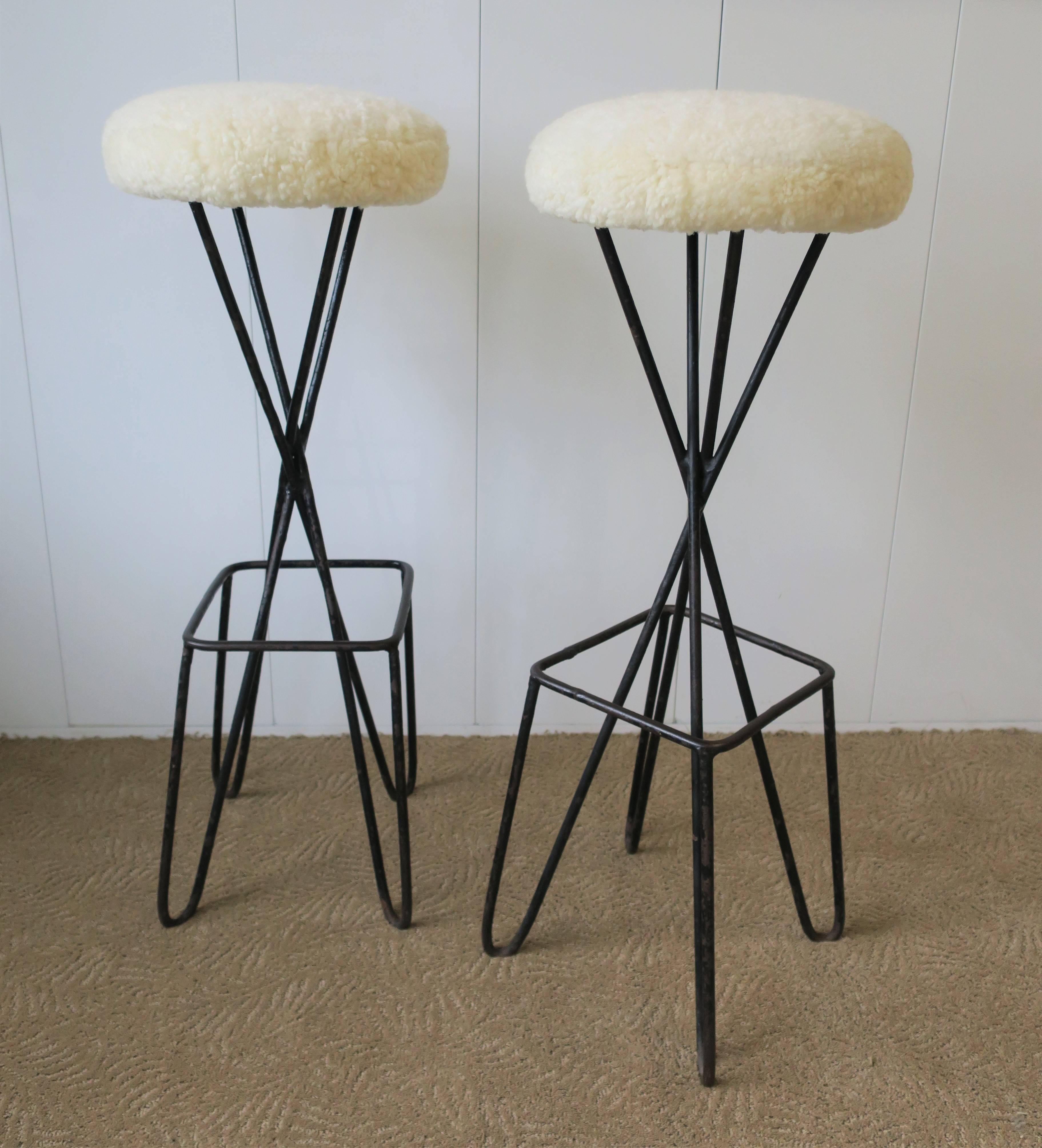 Pair Frederick Weinberg Hairpin Black Metal and Sheepskin-Esque Bar Stools In Good Condition In New York, NY
