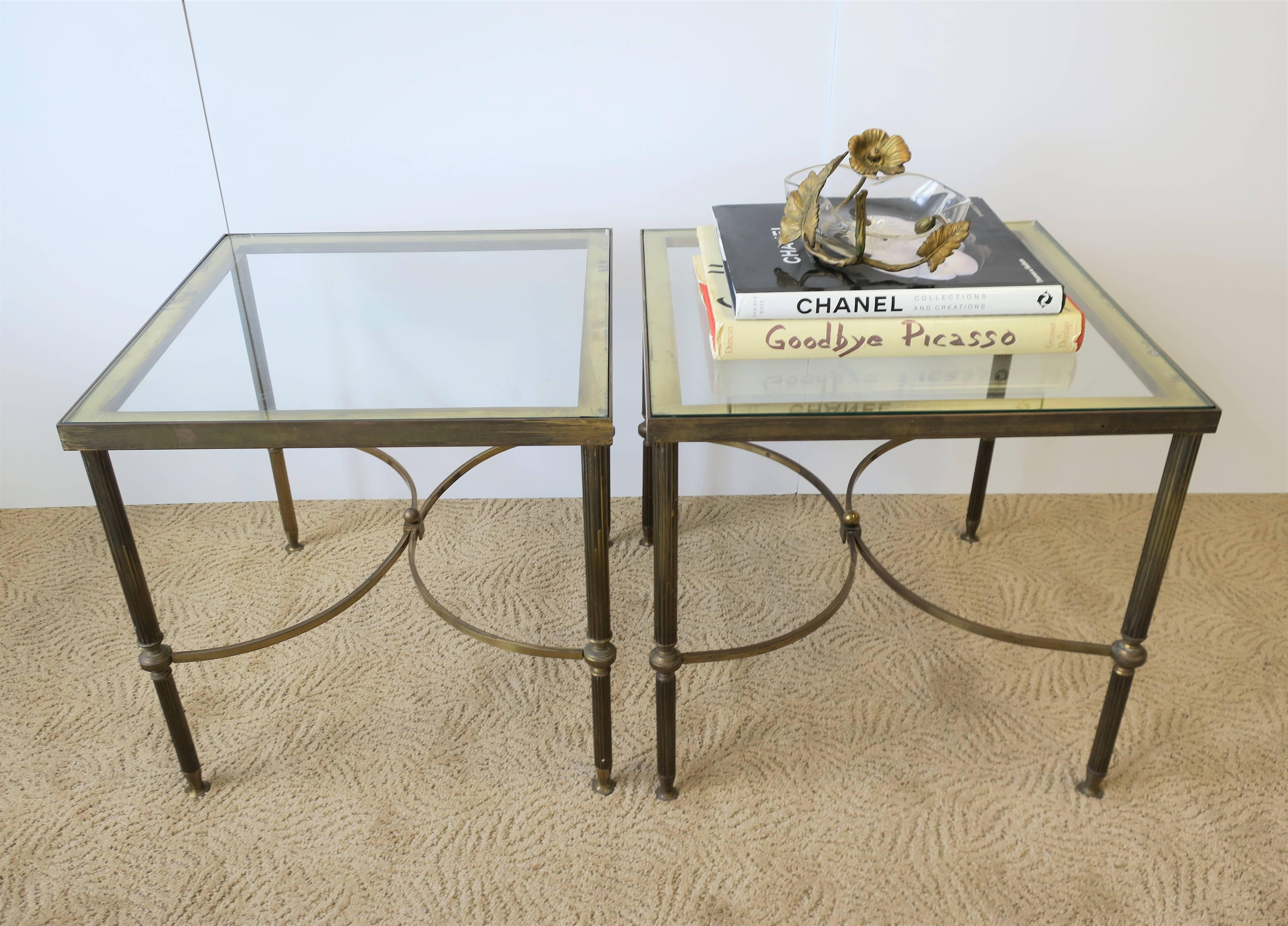 Tempered Brass and Glass End Tables after Maison Jansen, Pair
