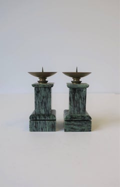 Neoclassical Column Dark Green Marble Brass Candlesticks Holders, Pair