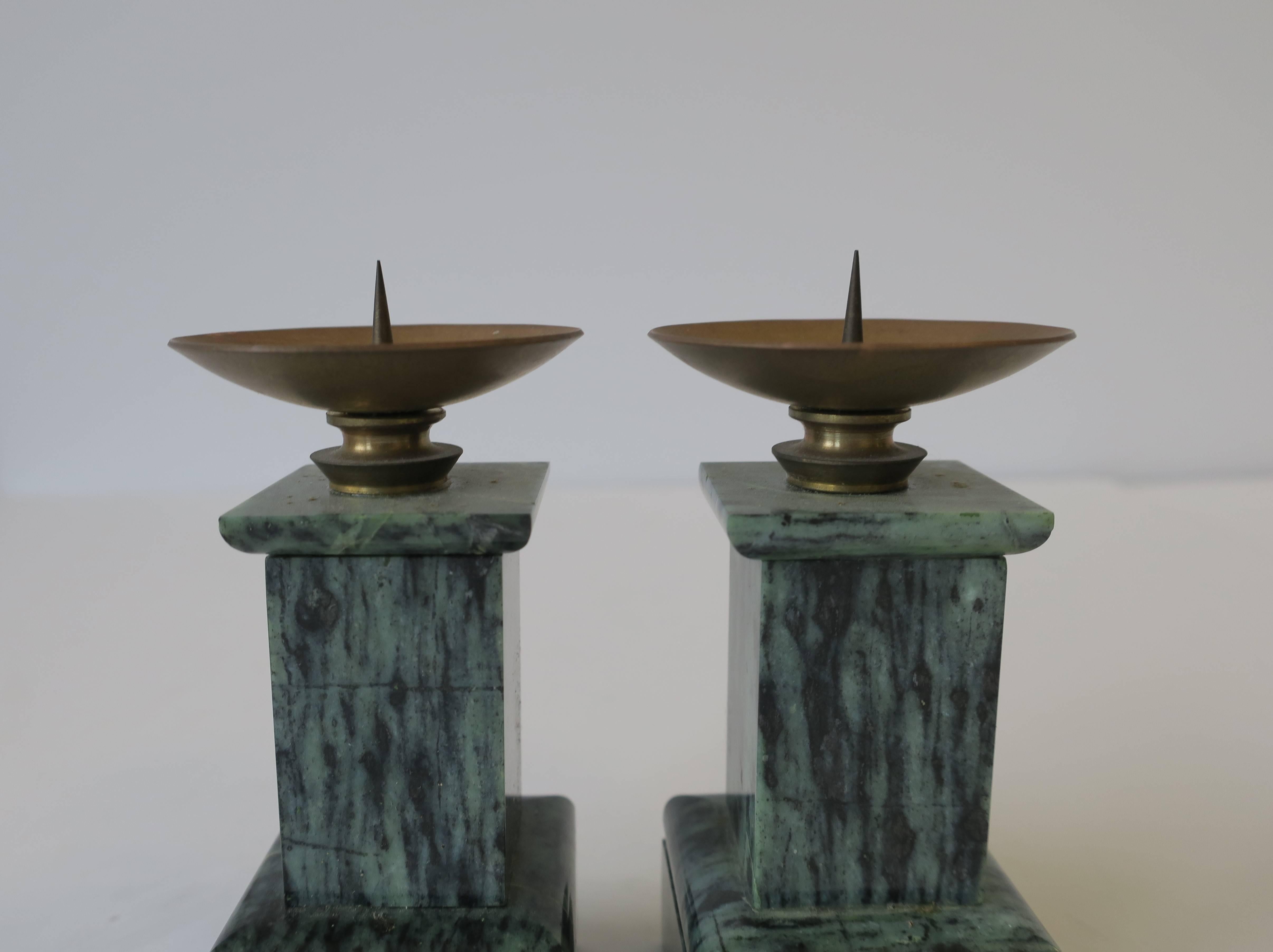 20th Century Neoclassical Column Dark Green Marble and Brass Candlesticks Holders, Pair For Sale