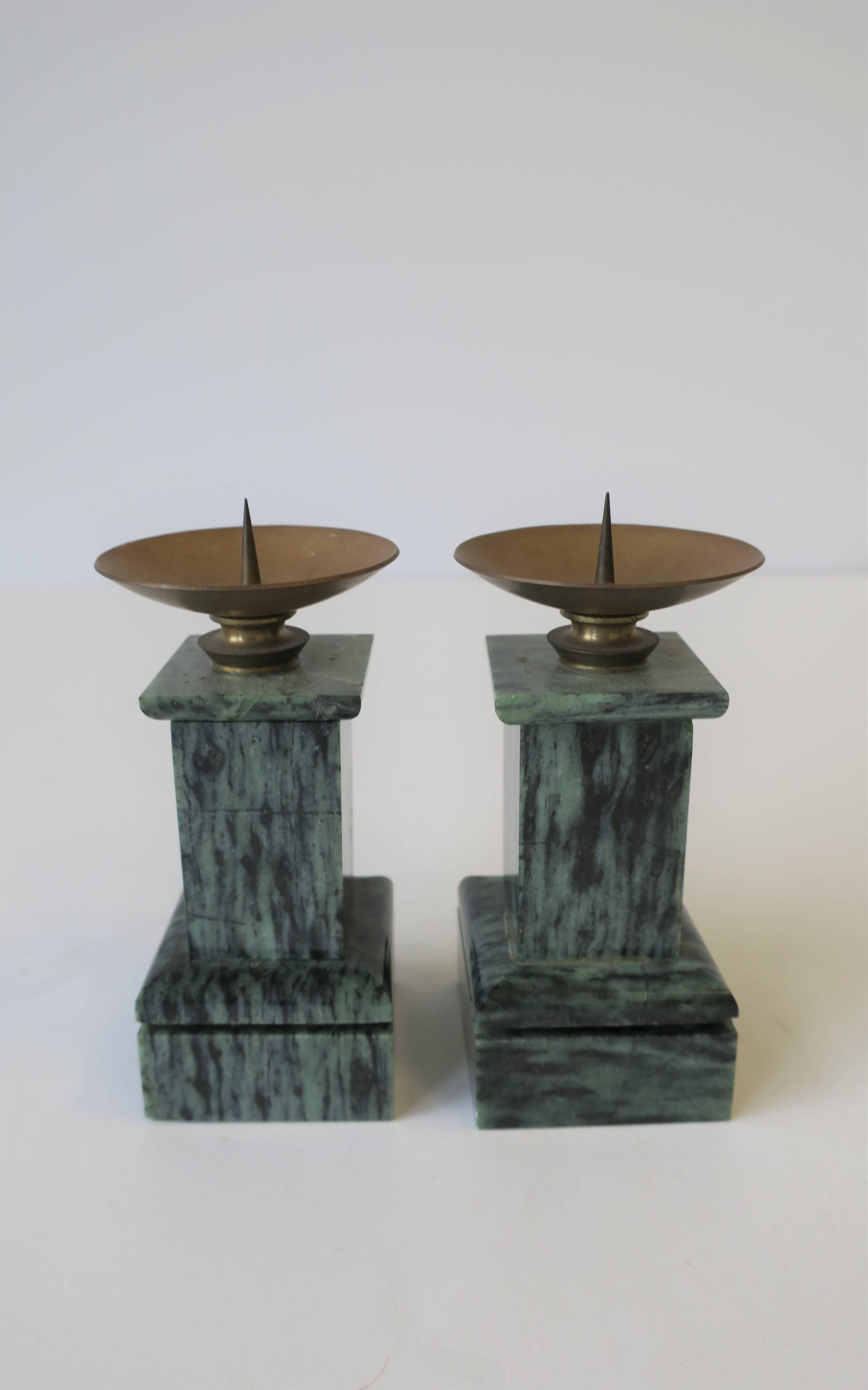 Neoclassical Column Dark Green Marble and Brass Candlesticks Holders, Pair For Sale 3