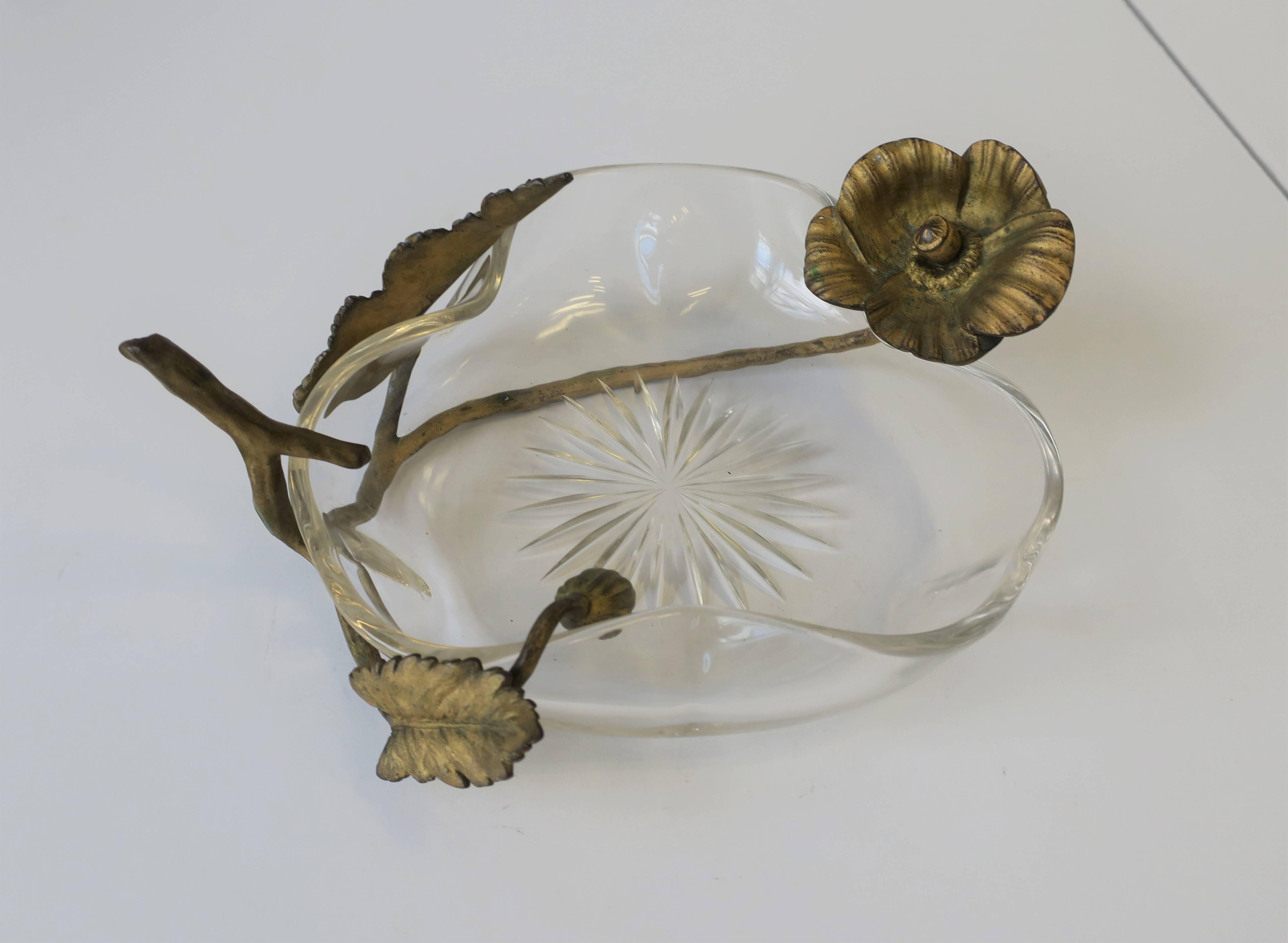 Brass Crystal Bowl with Bronze Gilt Flower and Leaf Design in the Style of Baccarat