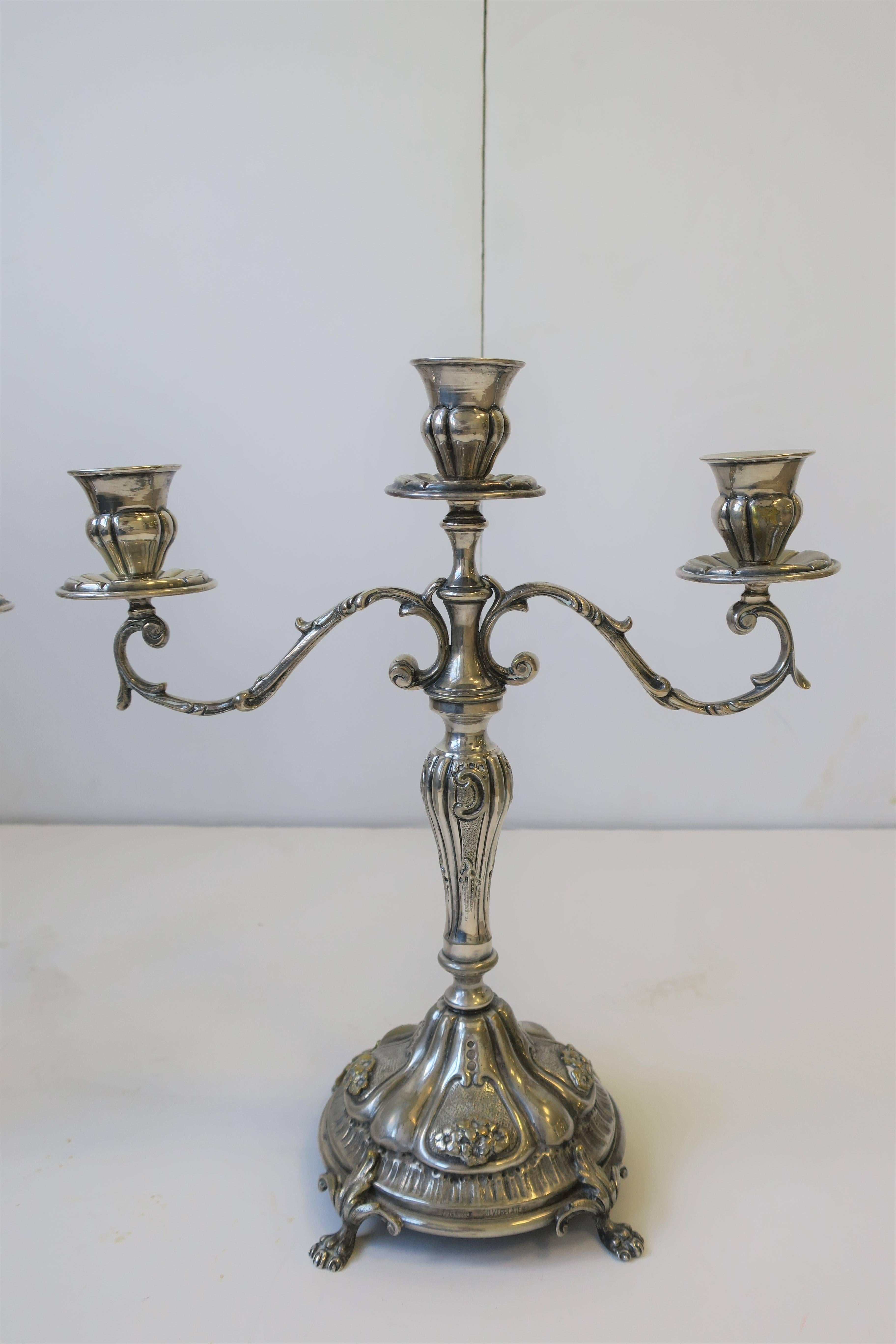 20th Century Italian Regency Sterling Silver Plate Candlesticks or Candelabras, Pair