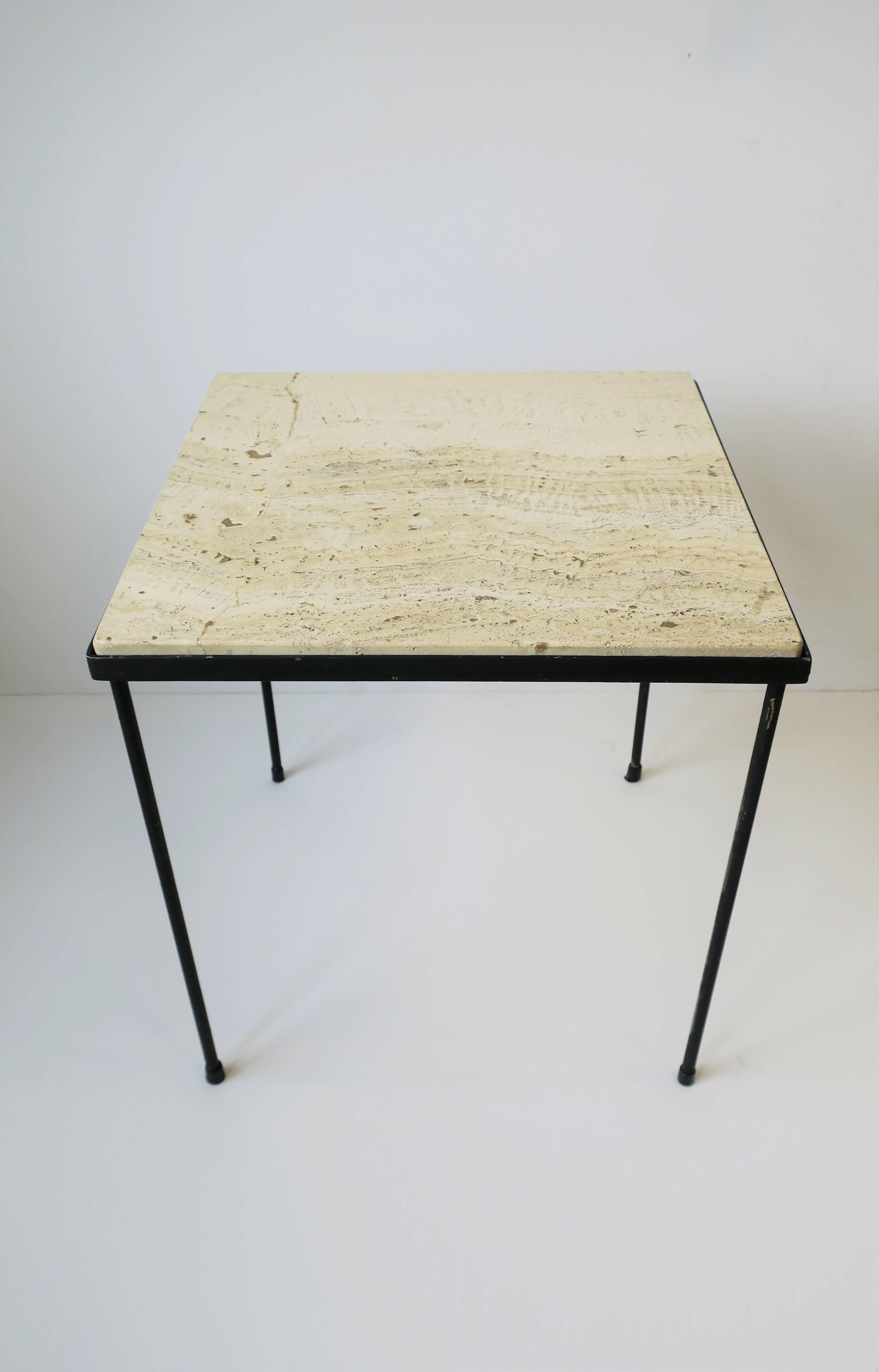 Italian Travertine Marble and Black Metal Square Side or End Table 1