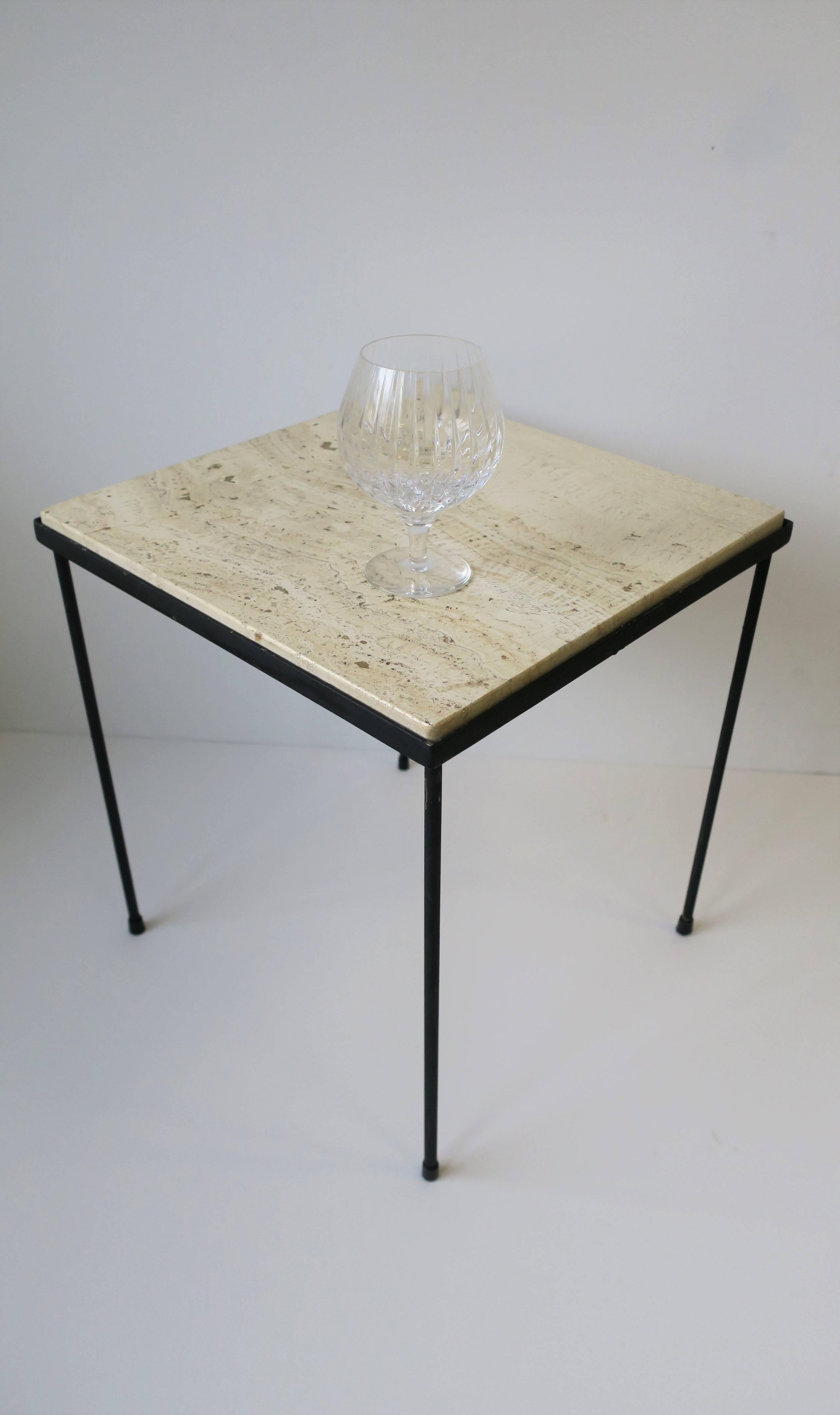 20th Century Italian Travertine Marble and Black Metal Square Side or End Table