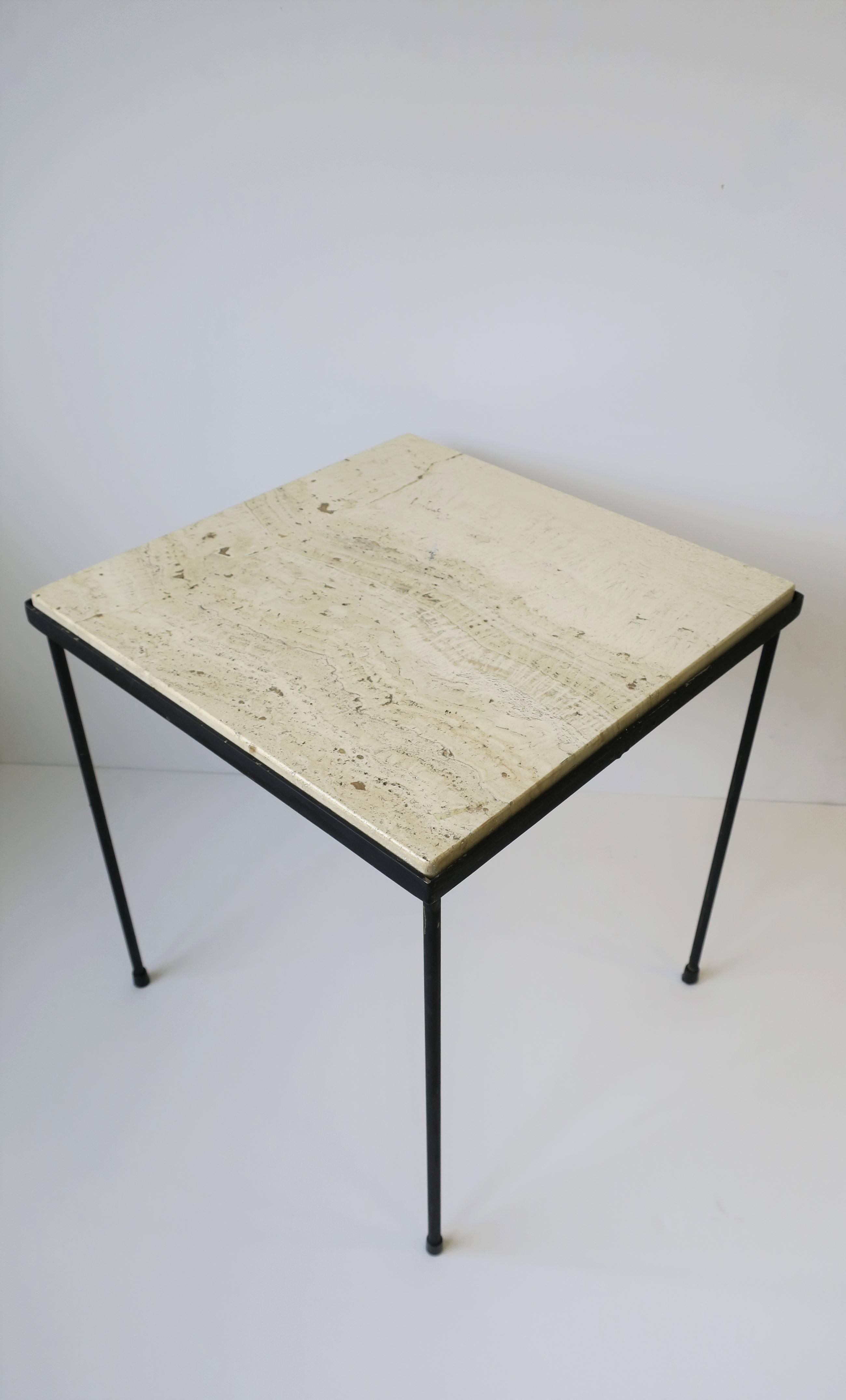 Italian Travertine Marble and Black Metal Square Side or End Table 3