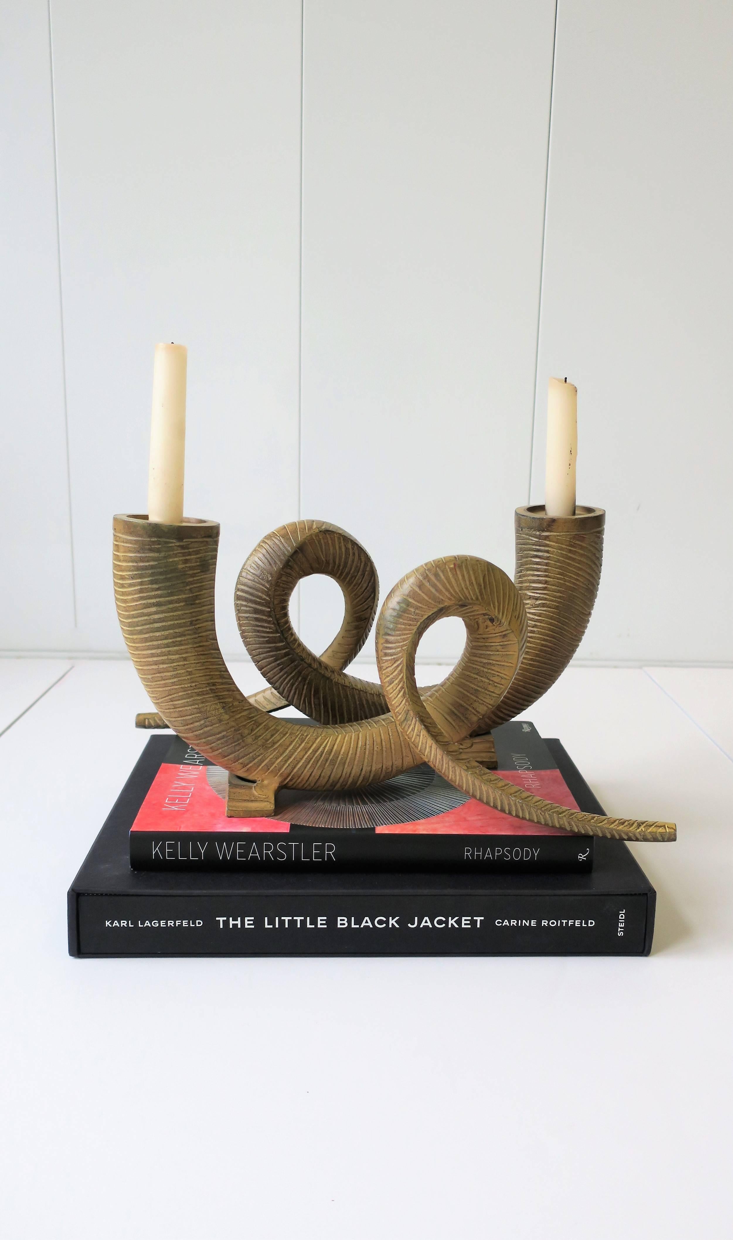 Enameled 80s Metal Animal Rams Horn Sculptures or Candlestick Holders