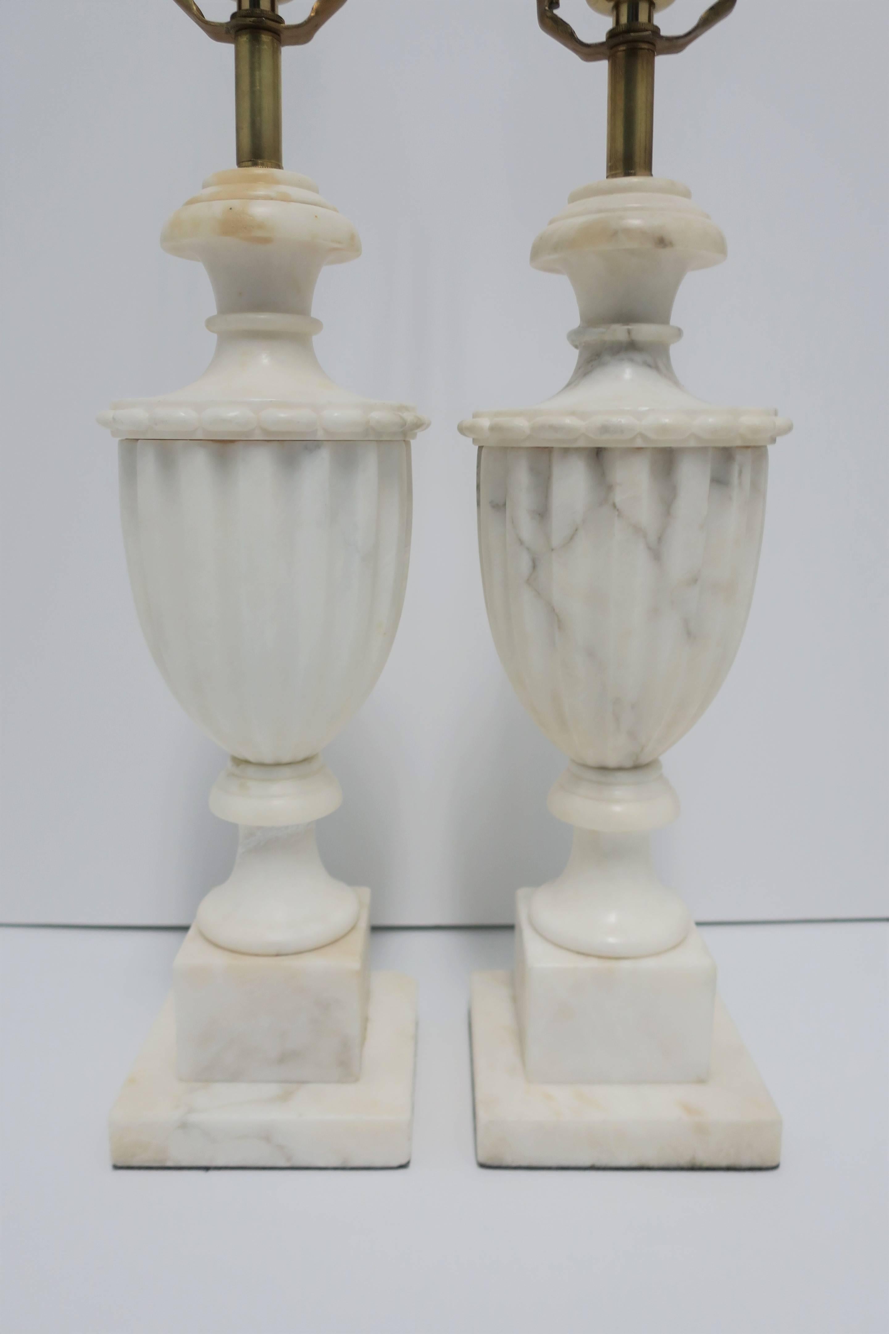Carved Pair of Italian Classical Roman White Marble Urn Table Lamps