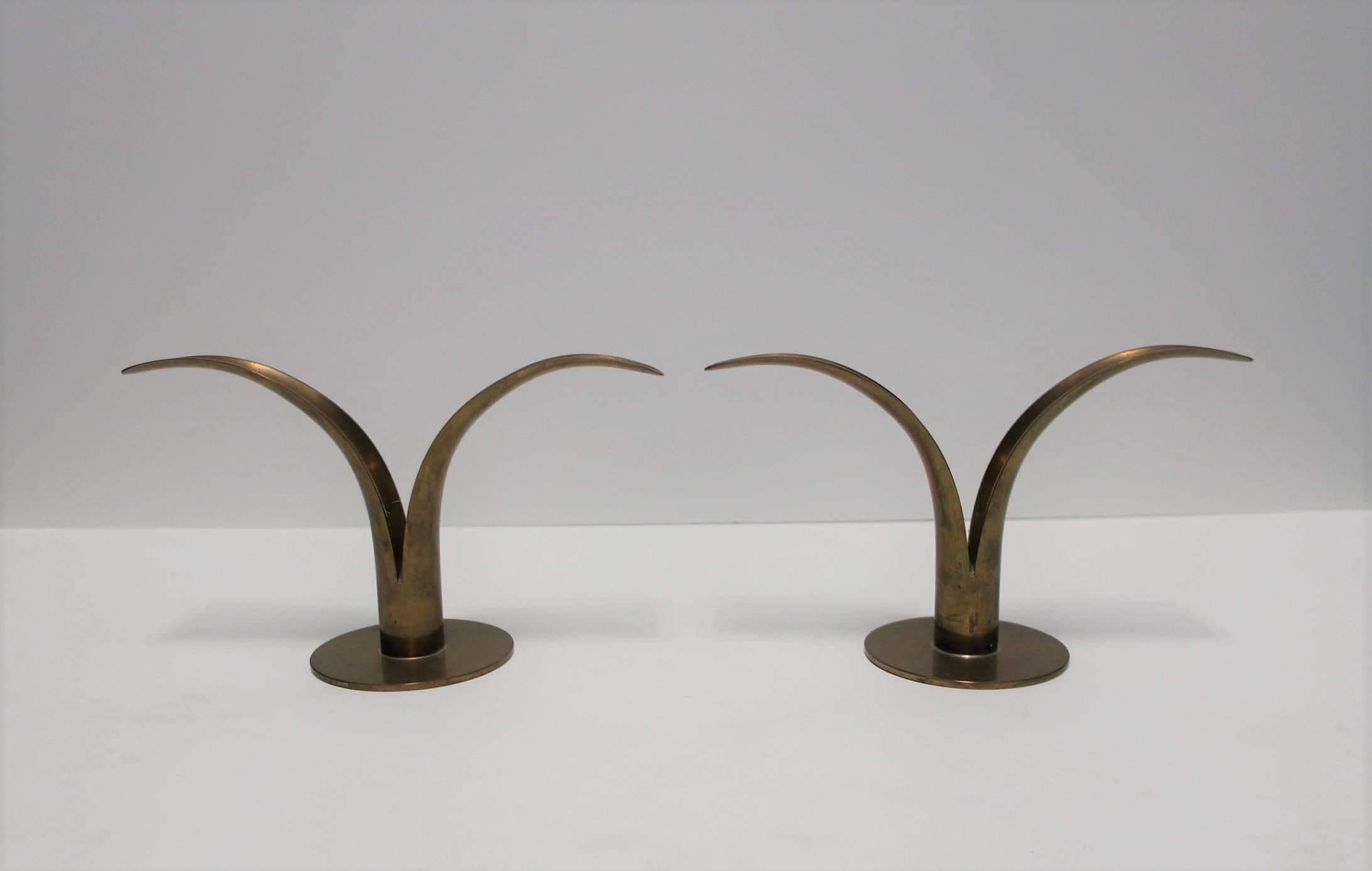 Swedish Scandinavian Modern Designer Brass Candlestick Holders, Pair