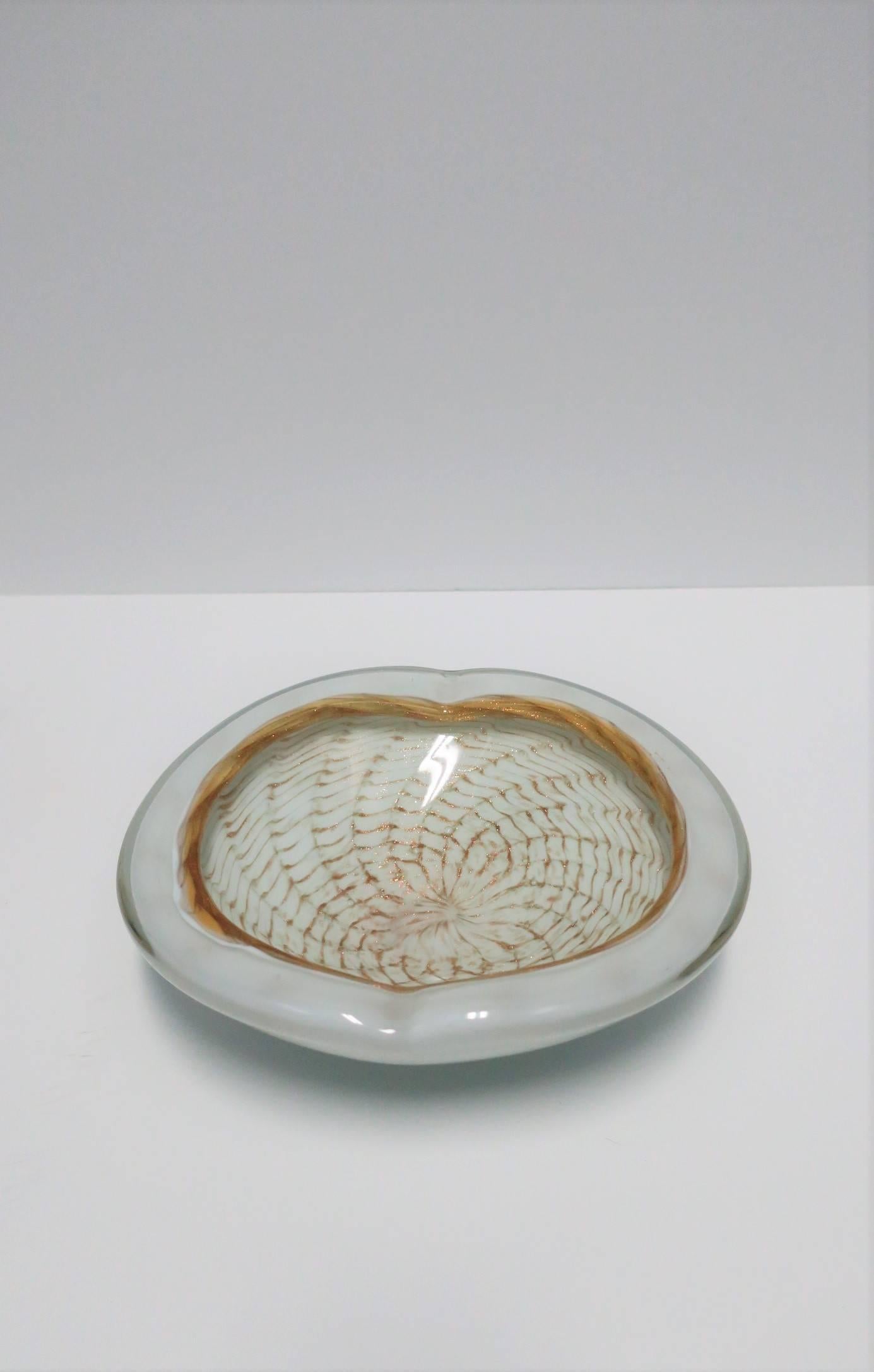 Hand-Crafted Italian Murano White and Shimmering Copper Art Glass Bowl For Sale