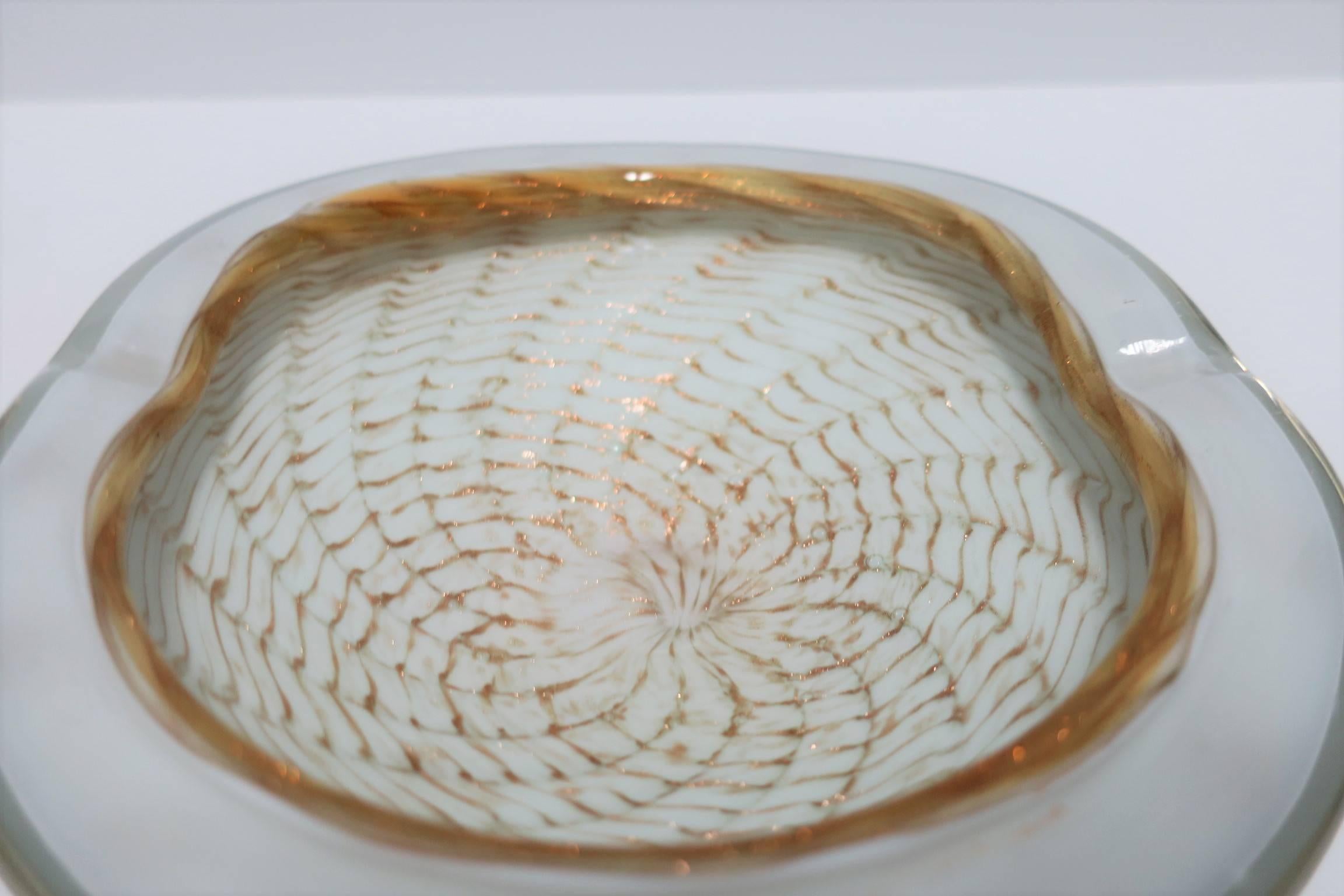 20th Century Italian Murano White and Shimmering Copper Art Glass Bowl For Sale