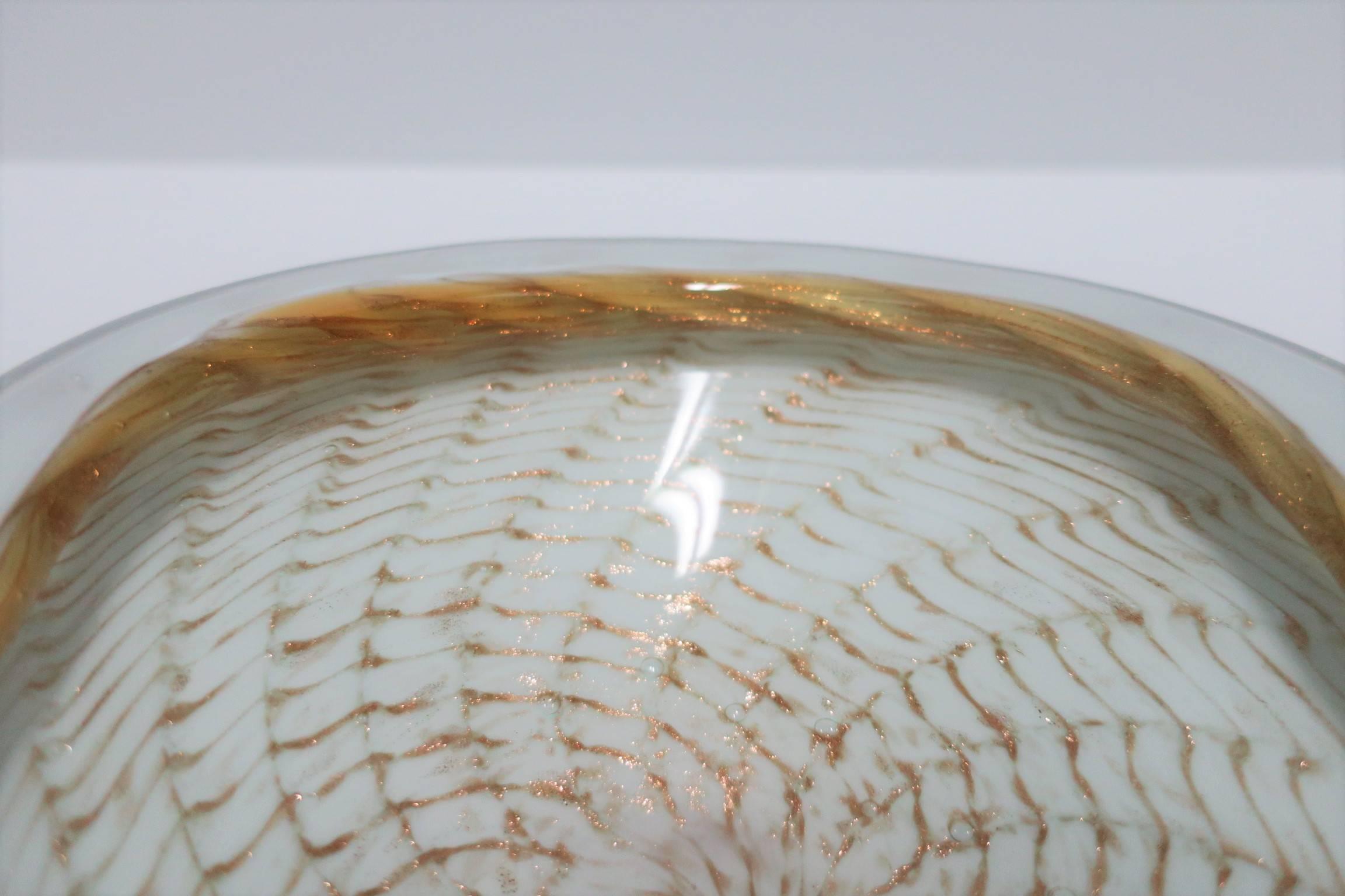 Italian Murano White and Shimmering Copper Art Glass Bowl For Sale 1