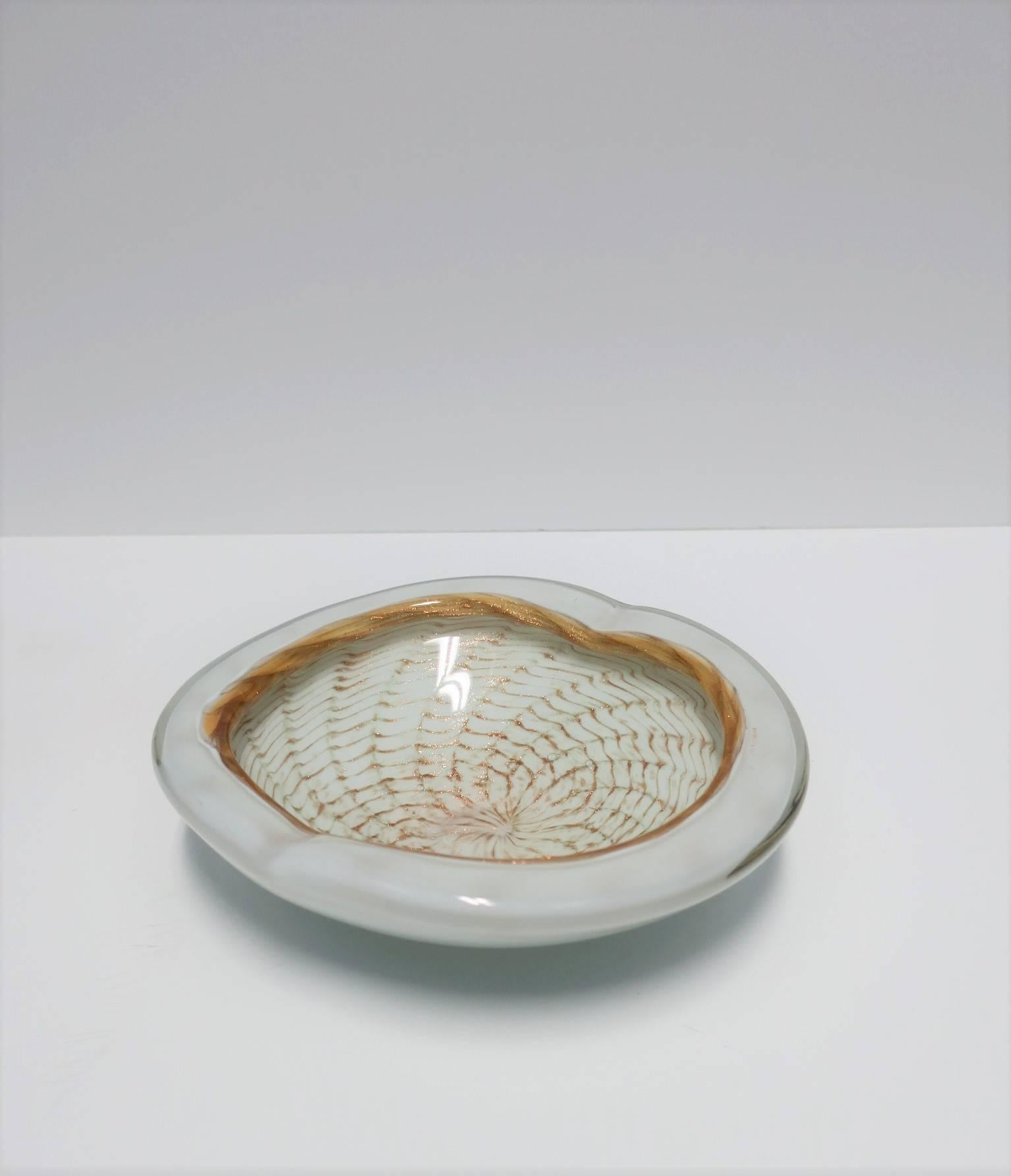 Mid-Century Modern Italian Murano White and Shimmering Copper Art Glass Bowl For Sale