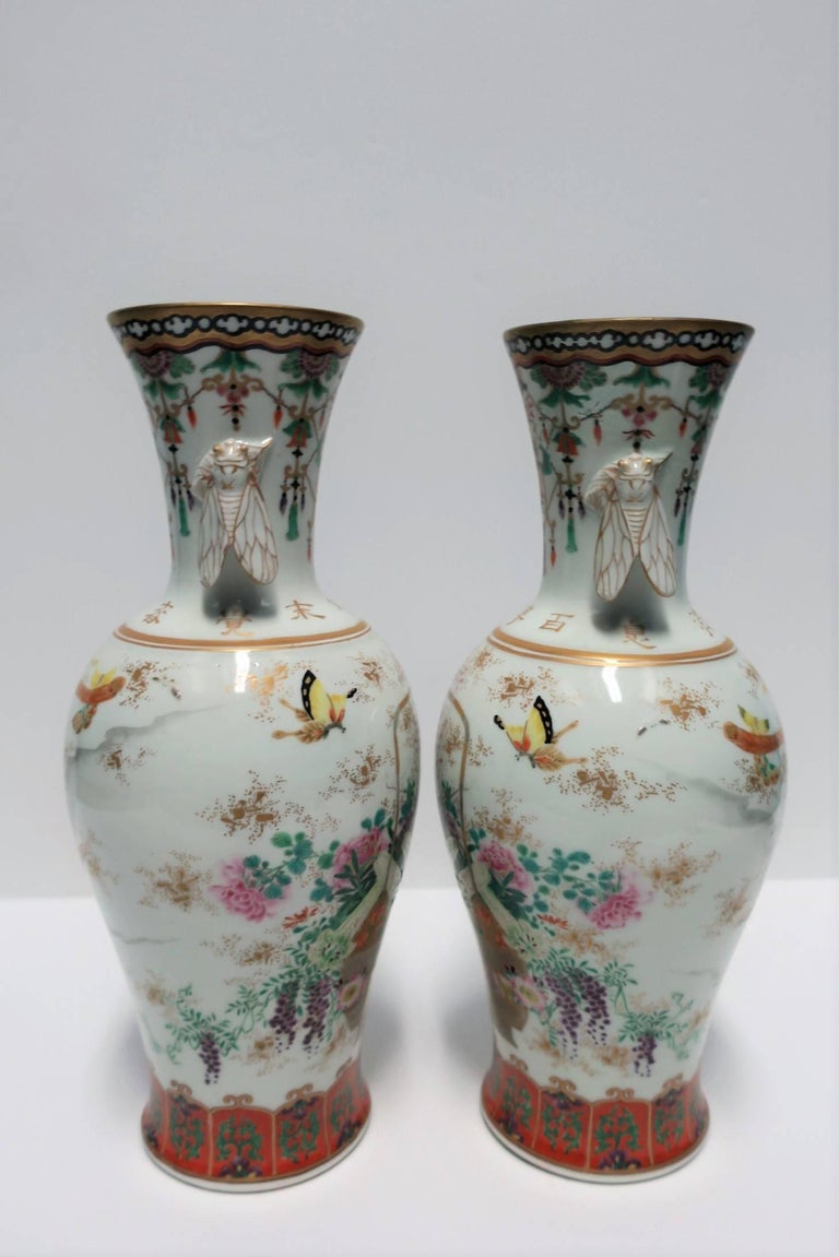 Pair of White and Black Art Deco Japanese Kutani Porcelain Vases, 20th