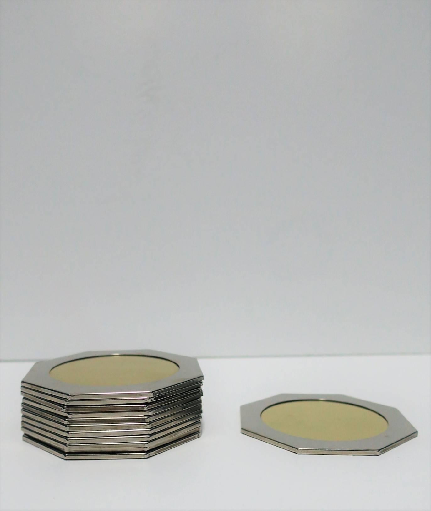 Modern Brass and Chrome Octagonal Coaster Set, ca. 1970s In Good Condition In New York, NY