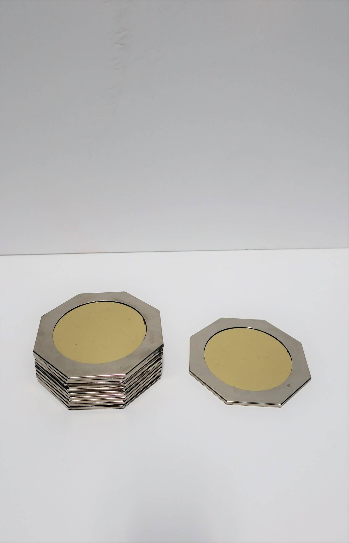 Late 20th Century Modern Brass and Chrome Octagonal Coaster Set, ca. 1970s