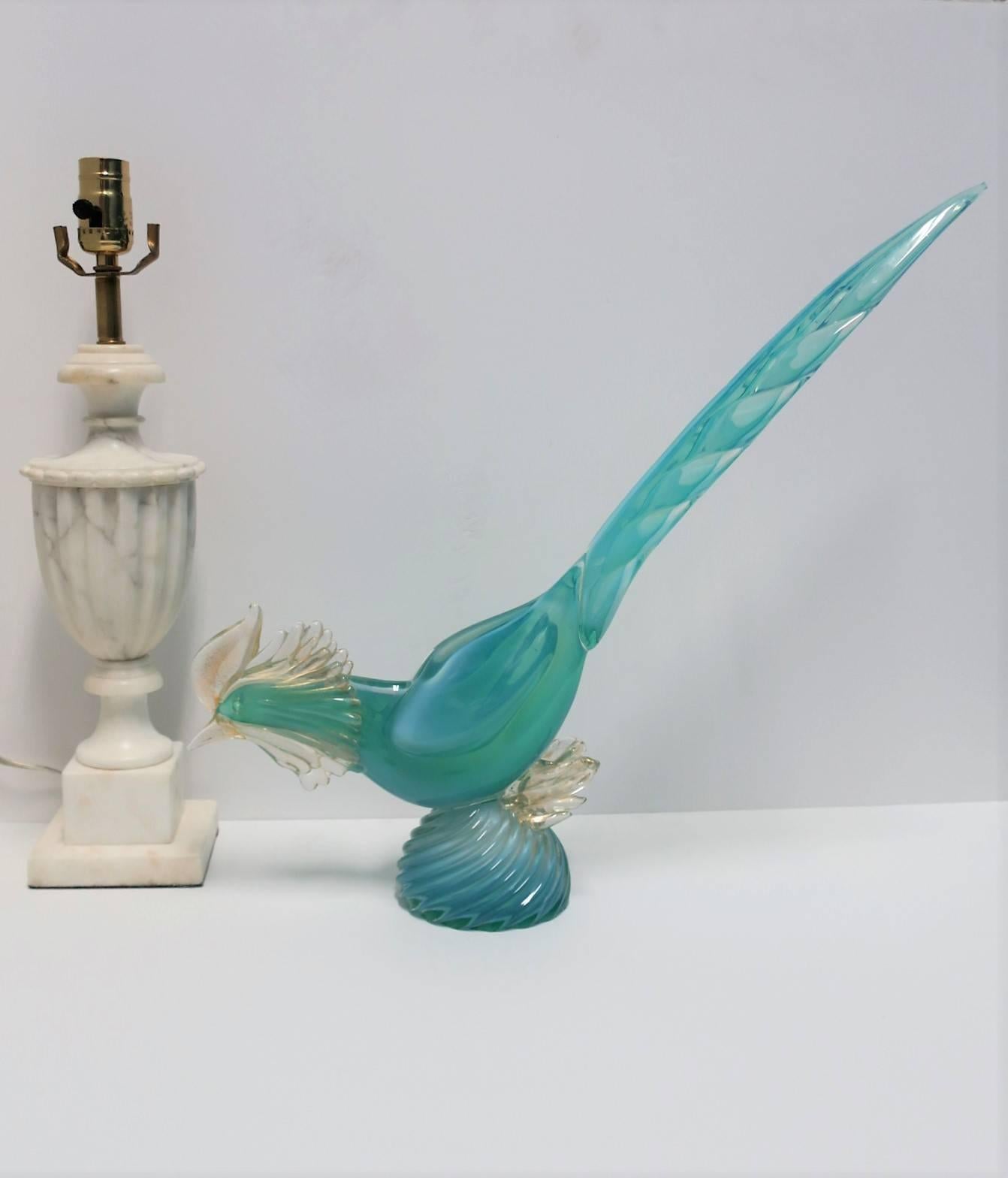 Modern Italian Azure Blue and Gold Murano Art Glass Bird Sculpture In Good Condition In New York, NY
