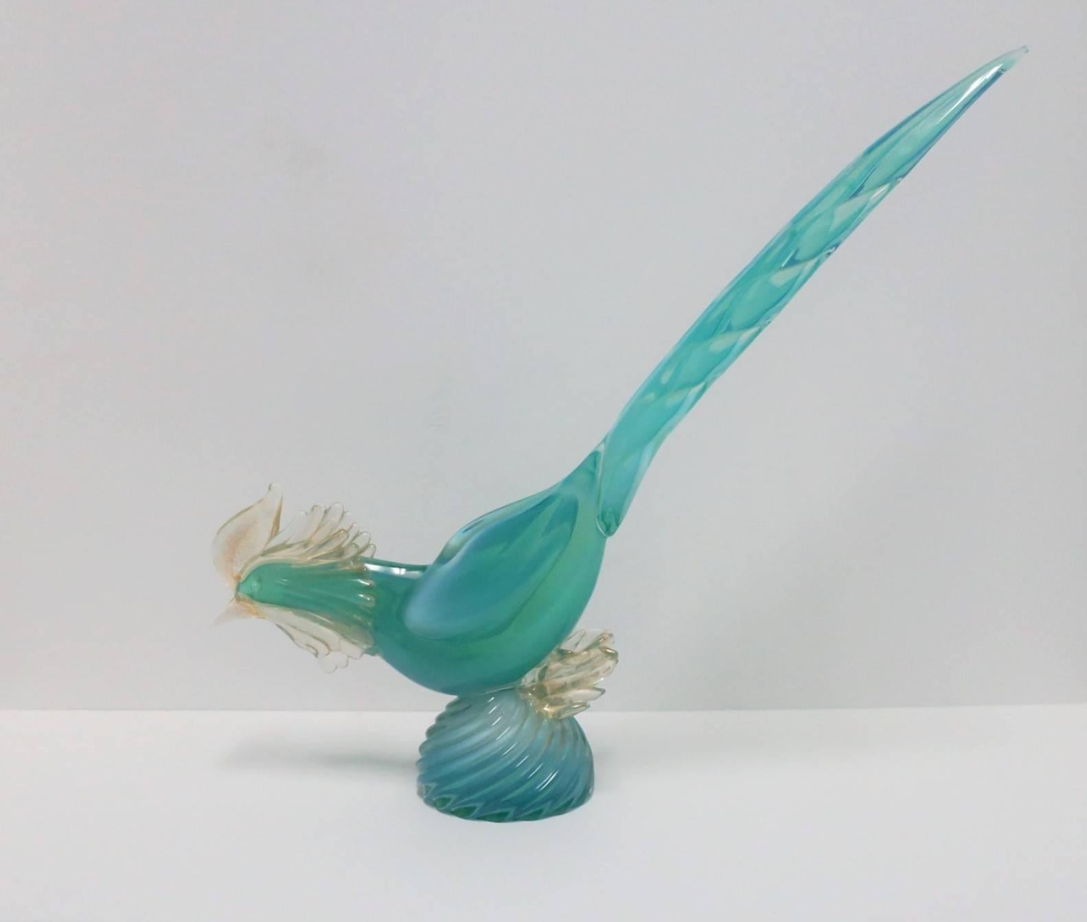 Blown Glass Modern Italian Azure Blue and Gold Murano Art Glass Bird Sculpture