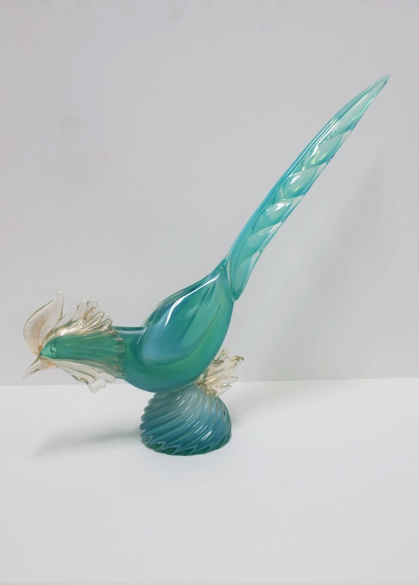 Modern Italian Azure Blue and Gold Murano Art Glass Bird Sculpture 1