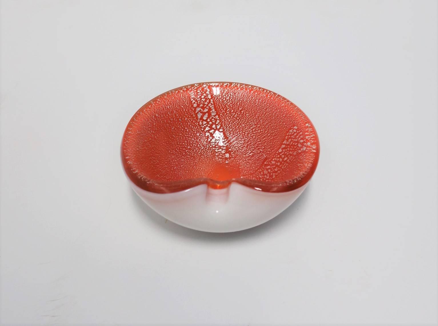 Italian Murano Orange White and Silver Art Glass Bowl 3