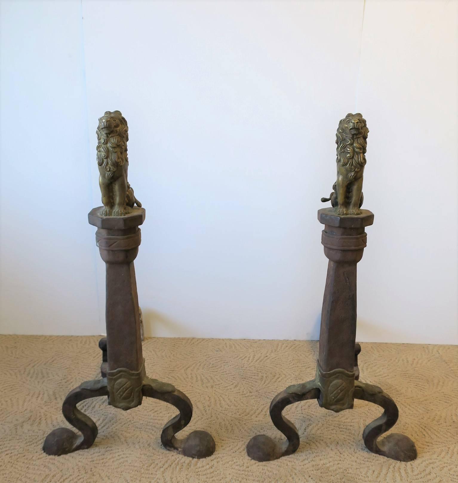 Fireplace Andirons with Brass Lion Sculpture, Pair 4