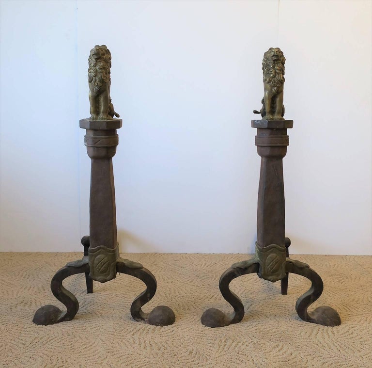 Fireplace Andirons with Brass Lions For Sale at 1stDibs