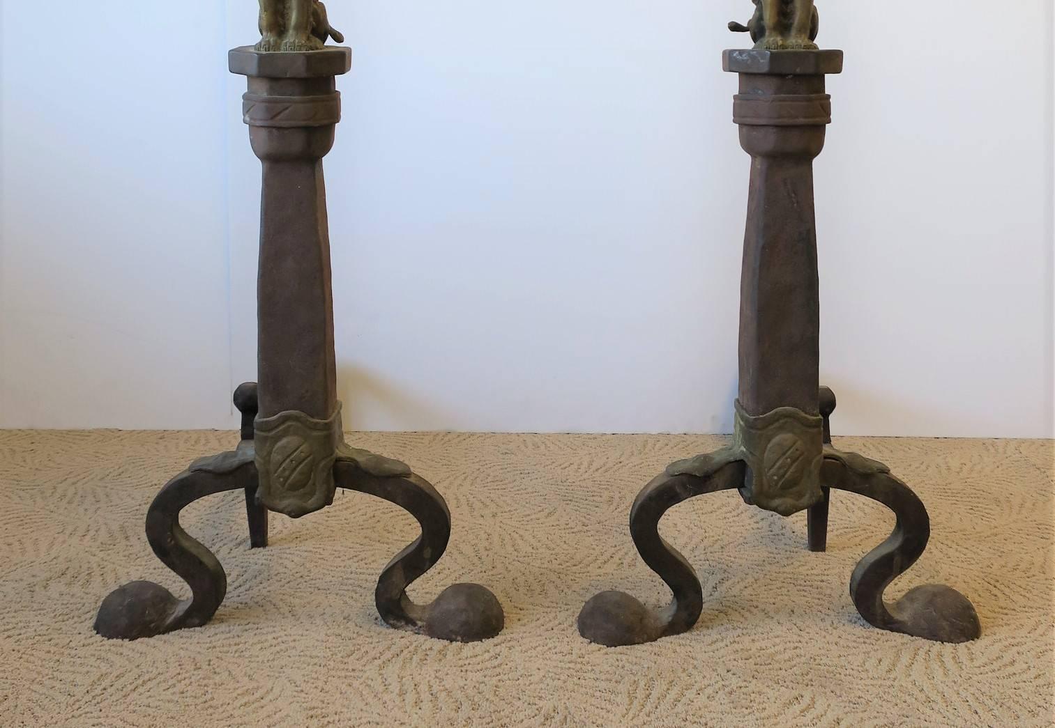 Fireplace Andirons with Brass Lion Sculpture, Pair 6