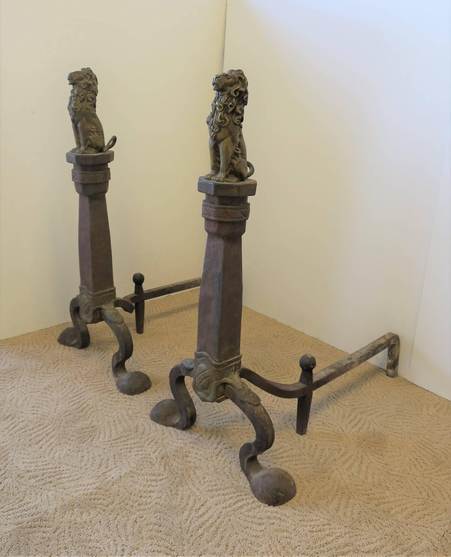 Fireplace Andirons with Brass Lion Sculpture, Pair 7