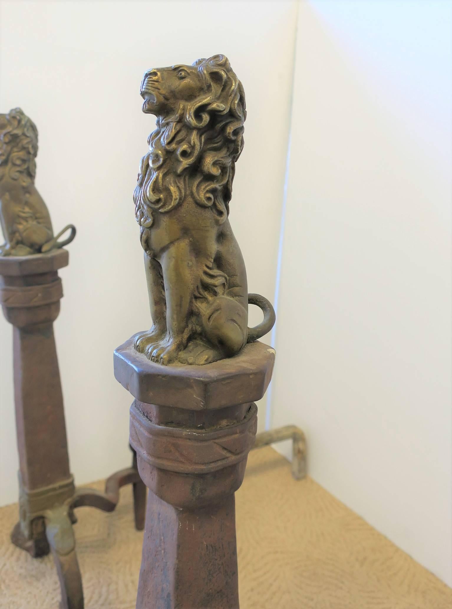 Fireplace Andirons with Brass Lion Sculpture, Pair 10