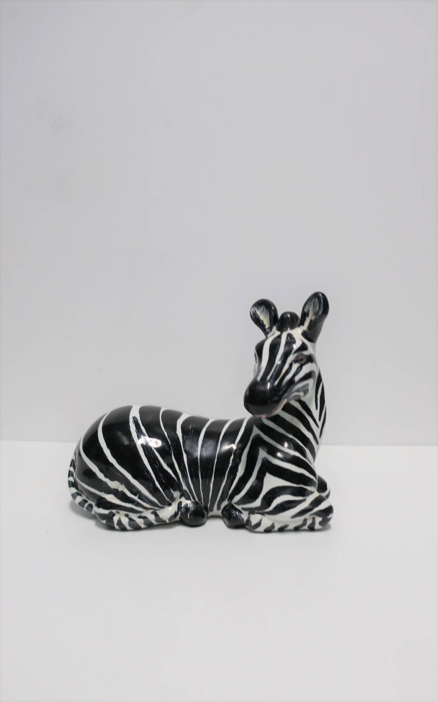 Glazed Italian Black and White Zebra Animal Sculpture in the Art Deco Style, ca. 1970s