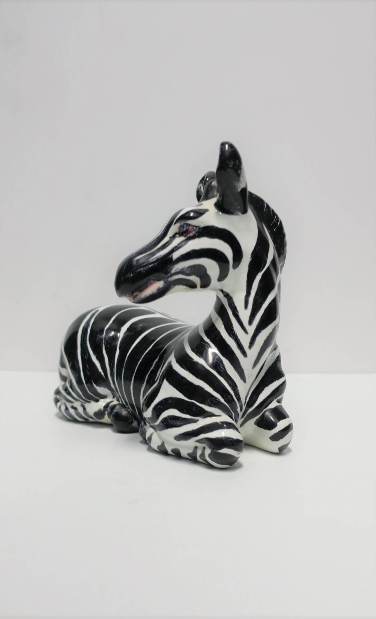 Ceramic Italian Black and White Zebra Animal Sculpture in the Art Deco Style, ca. 1970s