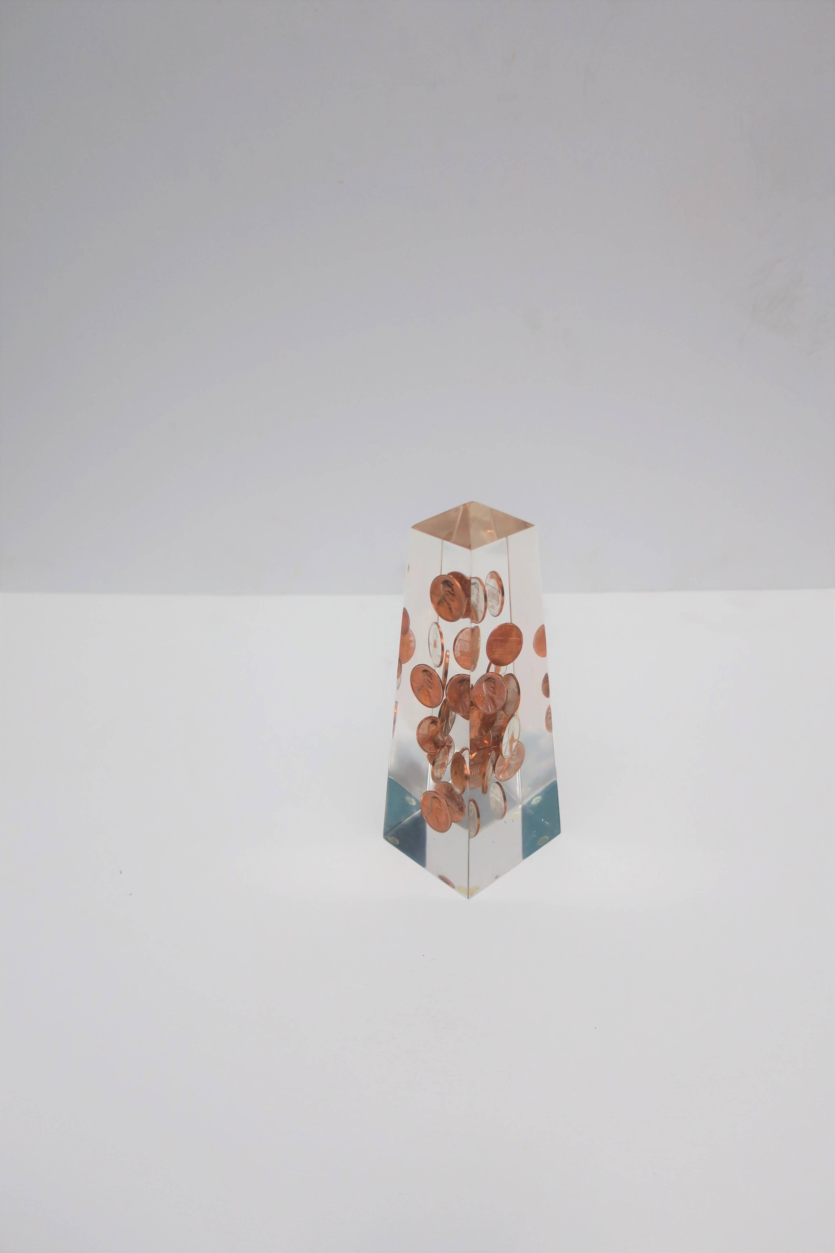 American Modern Lucite and Copper Penny Obelisk, ca. 1970s For Sale