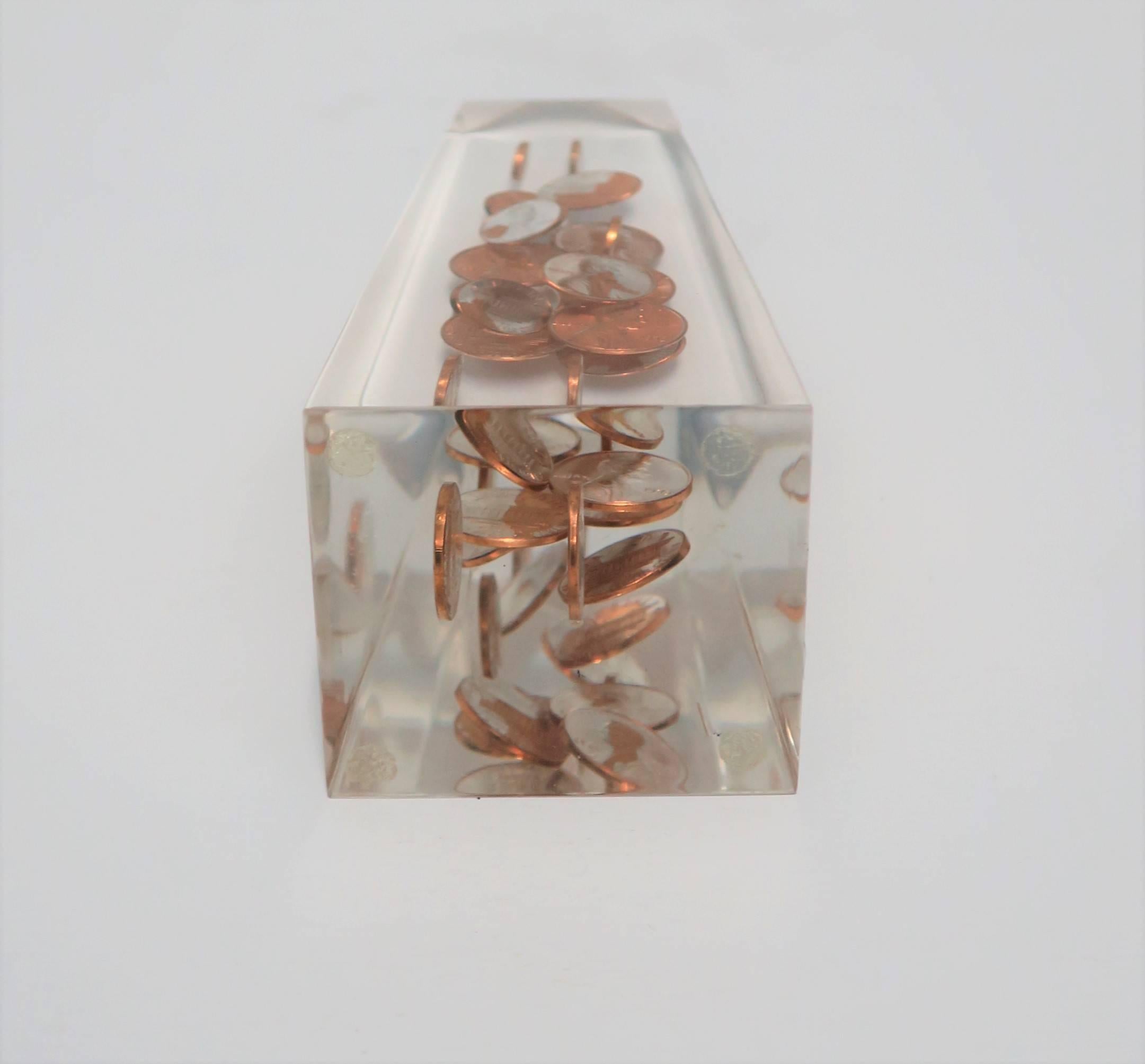 20th Century Modern Lucite and Copper Penny Obelisk, ca. 1970s For Sale